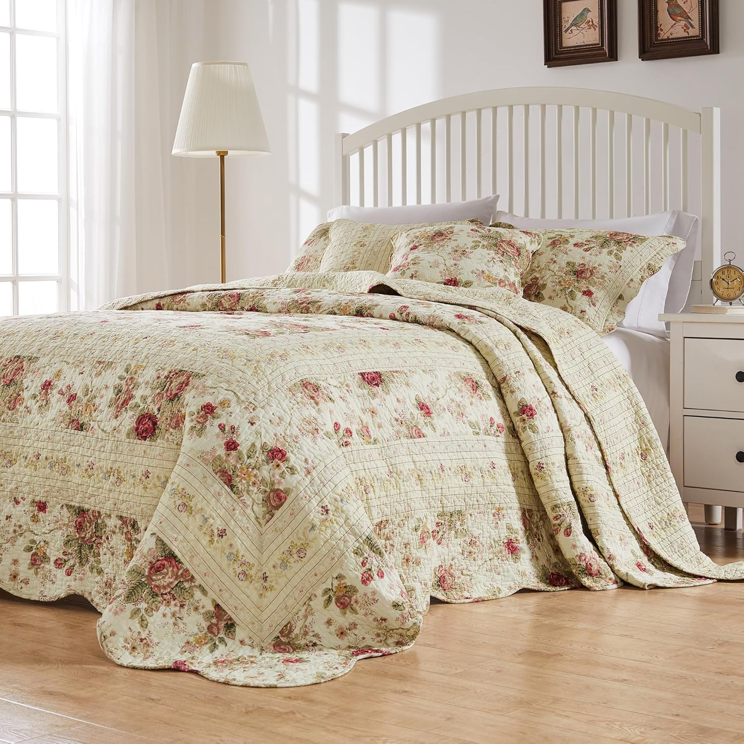 Greenland Home Antique Rose 100% Cotton Shabby Chic Bedspread Set, 3-Piece Queen, Ecru