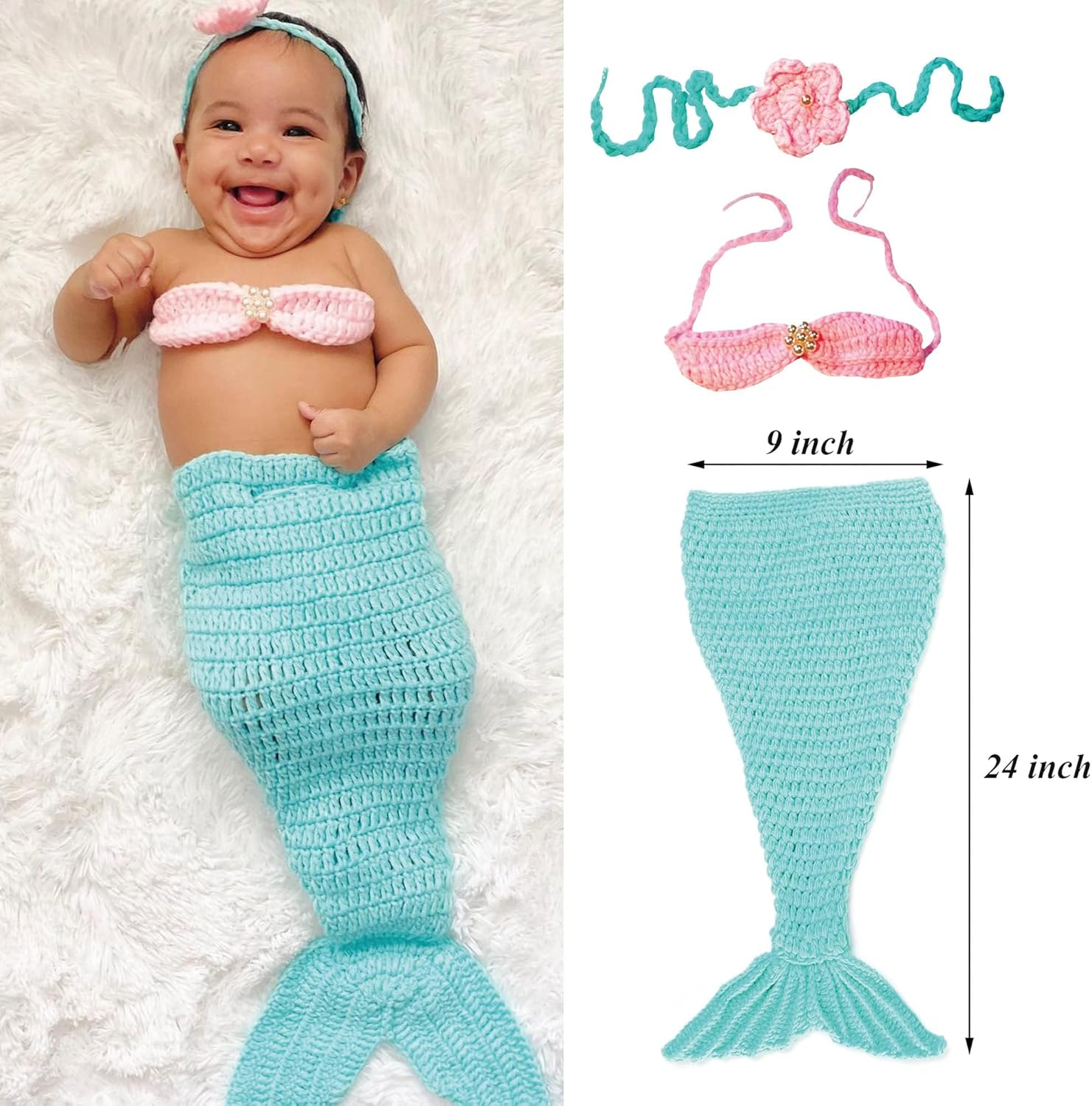 House Mermaid Costume Set-Handmade Crochet Photo Prop Includes Headband, Bra, Tail for Newborn Photography (Aquamarine)