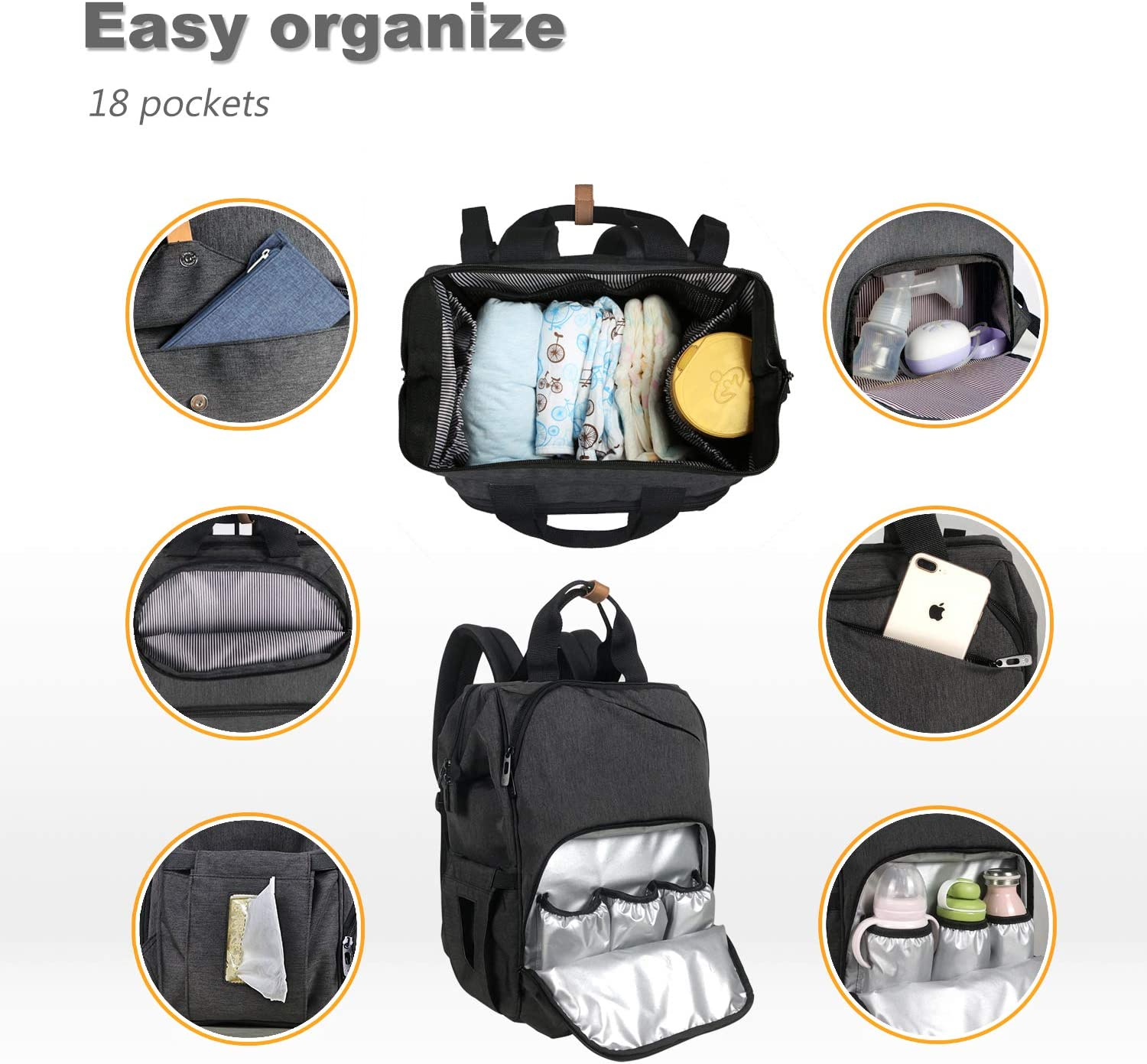 Hap Tim Baby Diaper Bag Backpack Large Capacity Double Compartment with Stroller Straps,Waterproof Nappy Bag Backpack for Newborn Mother/Father(Au7340-Dg) - Grey image number 3