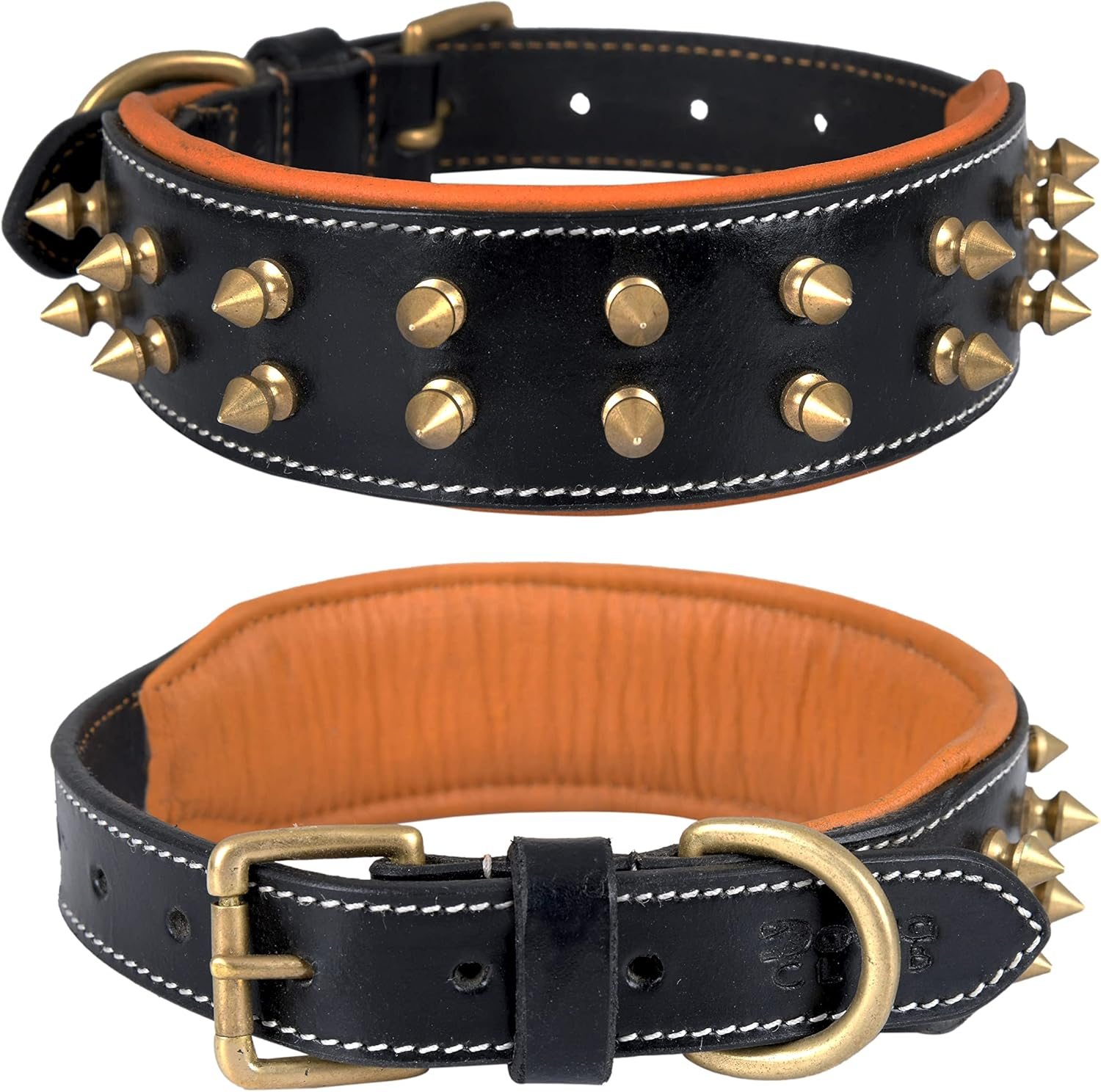 Dowgclub | Genuine Leather Spiked Dog Collar | Full Grain, Heavy Duty | Comfortable, Strong, Best for Medium, Large, XL Breeds | (L (Fit Neck Size 18.5"-22.5"), Brown with Gold Spikes)