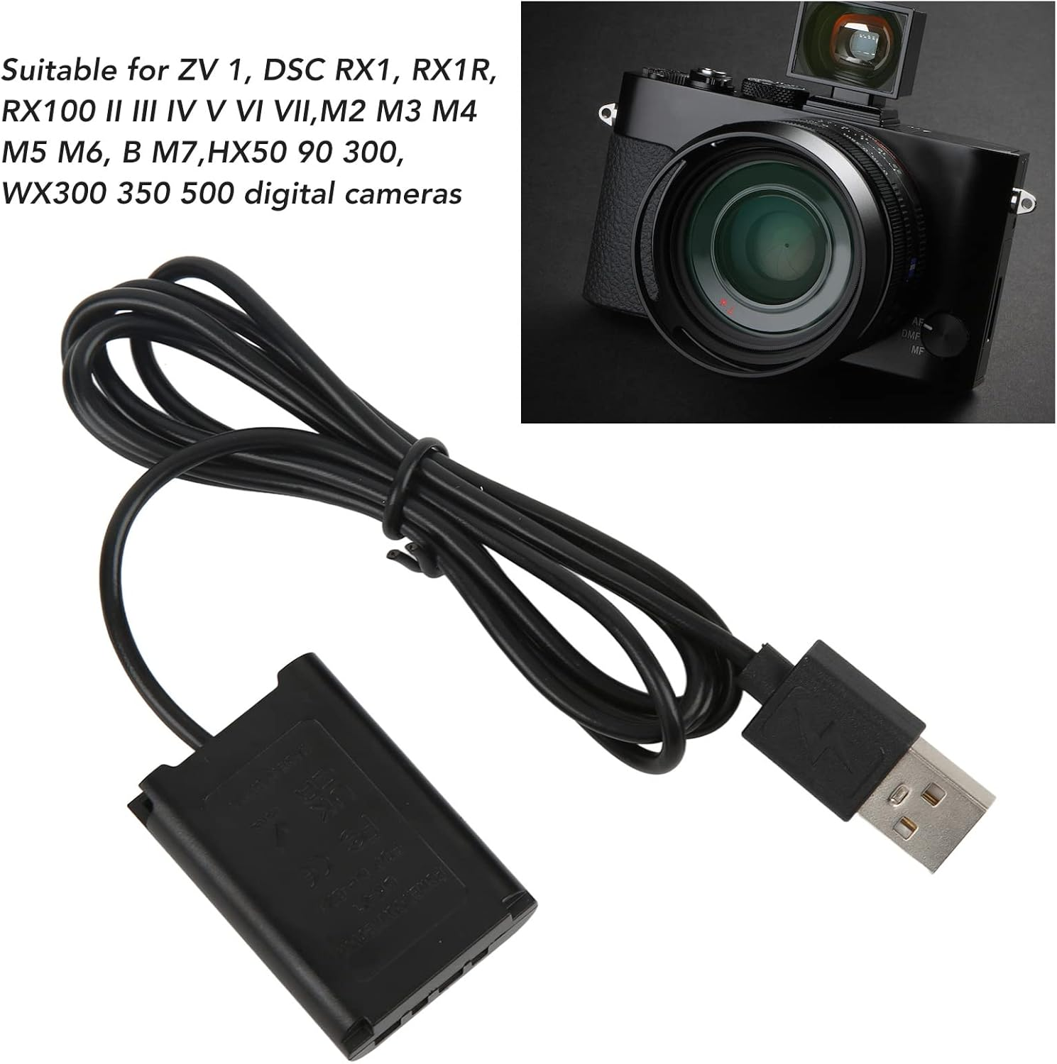Camera Dummy Battery Power Adapter for ZV 1, DSC RX1, RX1R, RX100 II III IV V VI VII,M2 M3 M4 M5 M6, B M7, HX50 90 300,WX300 350 500 Digital Cameras image number 1