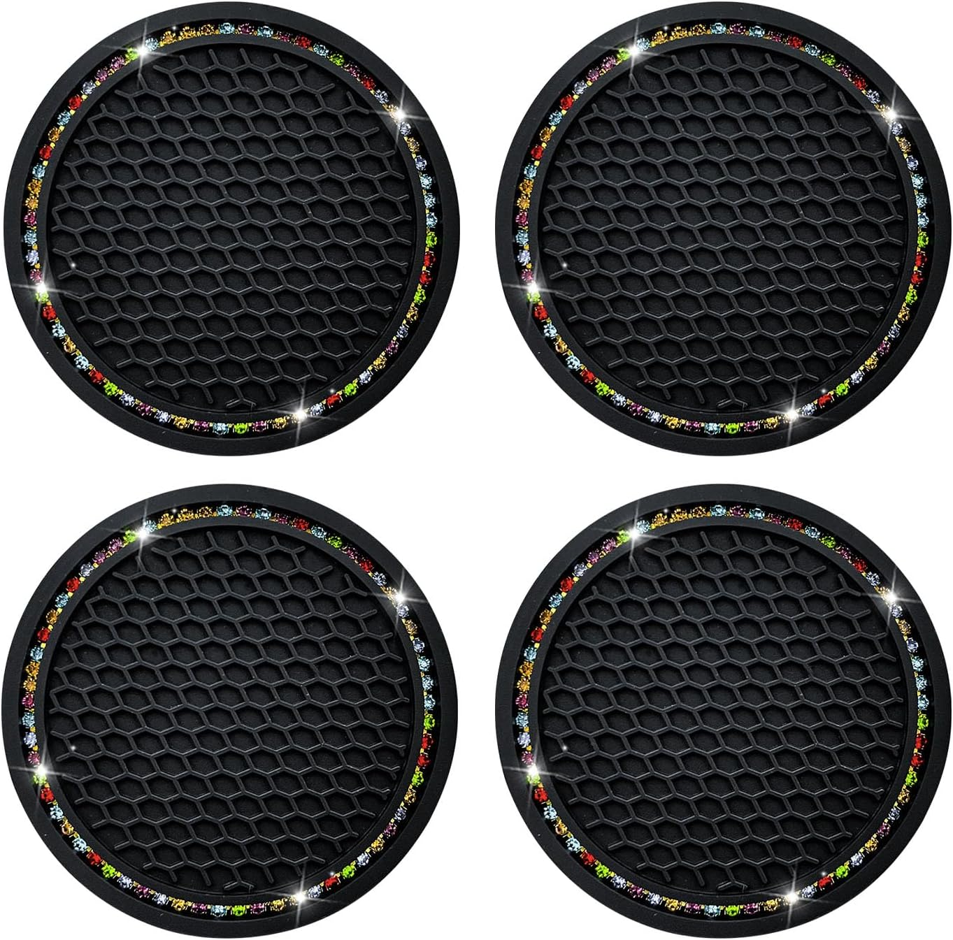 4 PCS Bling Car Cup Coaster, 2.75 Inch Crystal Rhinestone Auto Cup Holder Insert Coaster, Anti-Slip Durable Car Drink Cup Mat, Universal Vehicle Interior Decor Accessories (Black & AB)