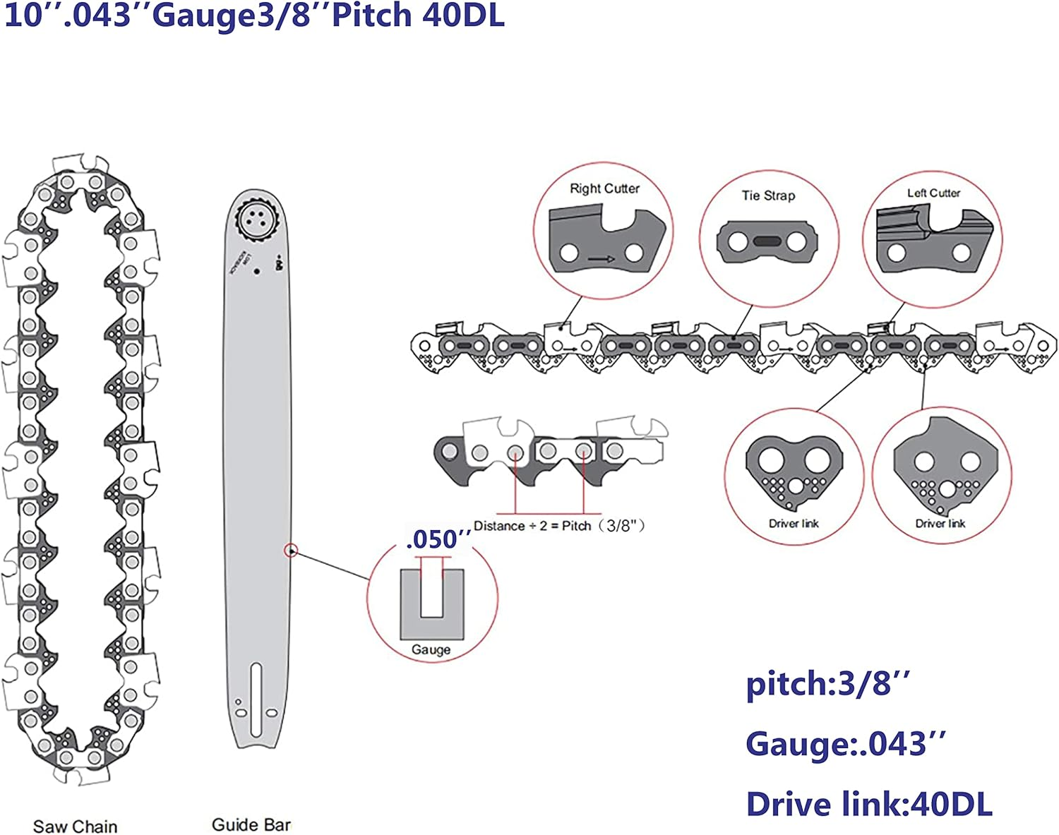 2 Pack R40 10 Inch Chainsaw Chain 3/8" LP .043" Gauge 40 Drive Links Compatible with Ryobi Echo CS-271 PPF-225 Homelite WORX WG322 Black & Decker LCS1020 Chainsaw image number 4