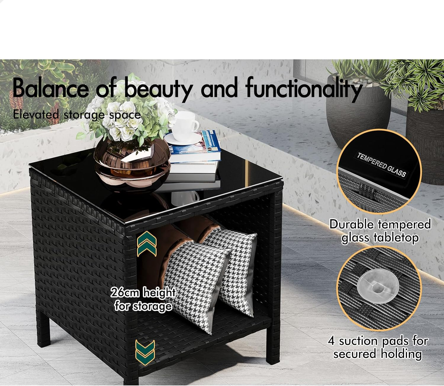 ALFORDSON Outdoor Patio Furniture 3Pcs Conversation Set, Wicker 3 Pieces Lounge Chair & Glass Coffee Table Setting, Steel Frame Garden Rattan Sofa with Cushions, Black image number 4