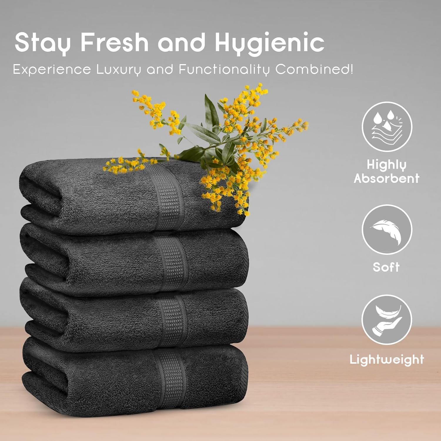 Premium Bamboo Cotton Bath Towels - Natural, Ultra Absorbent and Eco-Friendly 80Cm X 130Cm (Grey) (4 Piece Set) - White image number 6