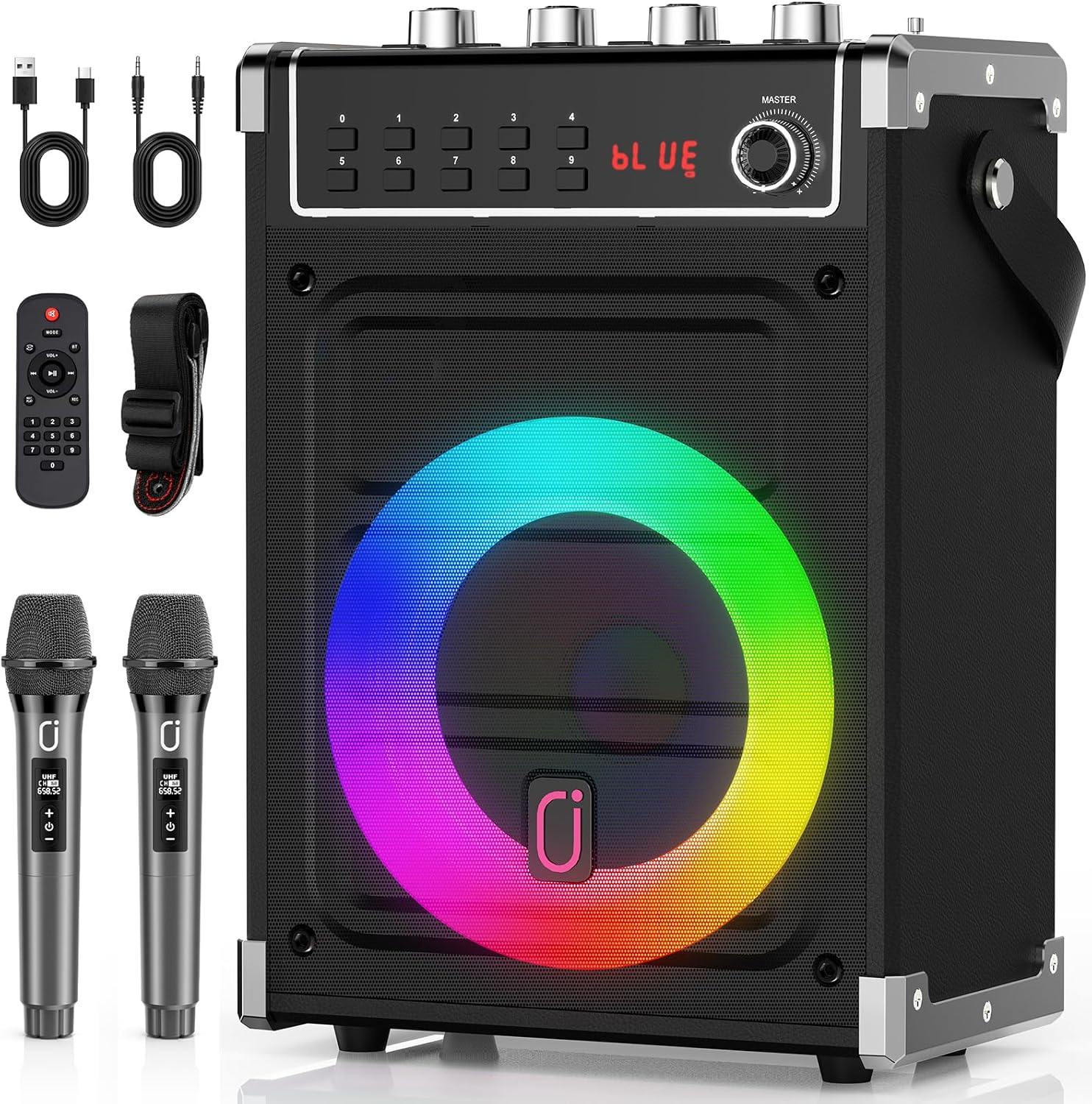 Karaoke Machine with 3 Wireless Microphones for Adults, Portable Bluetooth Karaoke Speaker with Bass/Treble Adjustment, PA System with Echo Effect, Support TF Card/Usb/Aux/Fm/Rec/Tws (Black 2 Mics) image number 5