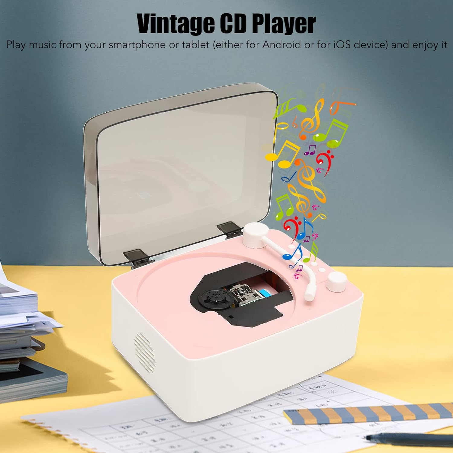 Speaker CD Player, 2400Mah Mini Retro Hifi Multifunctional Home CD Player with Large Capacity Battery Pink image number 4