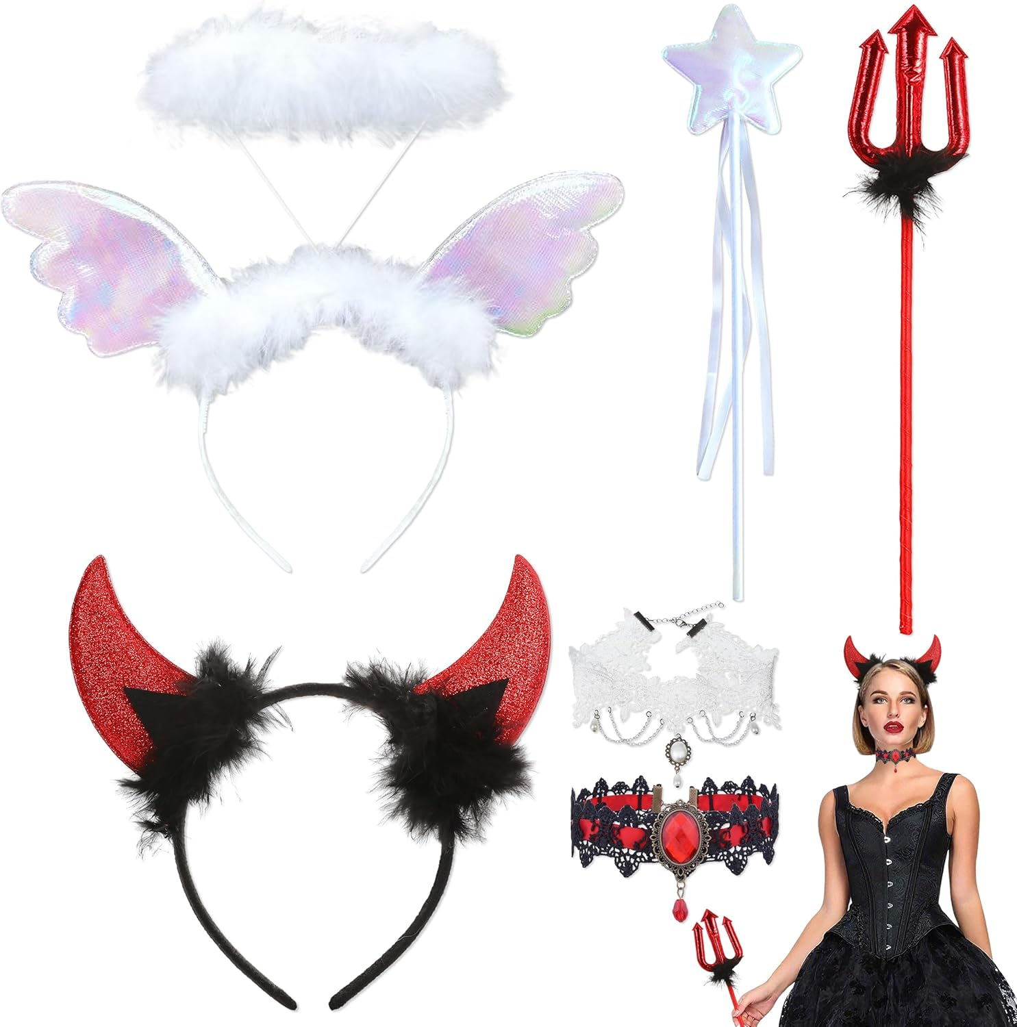 Piinroon Halloween Headbands, 6 Pcs Angel Halo Headband and Devil Horns Headband Set, Black White Halloween Hair Accessories with Choker Necklace for Women Costumes Accessories image number 2