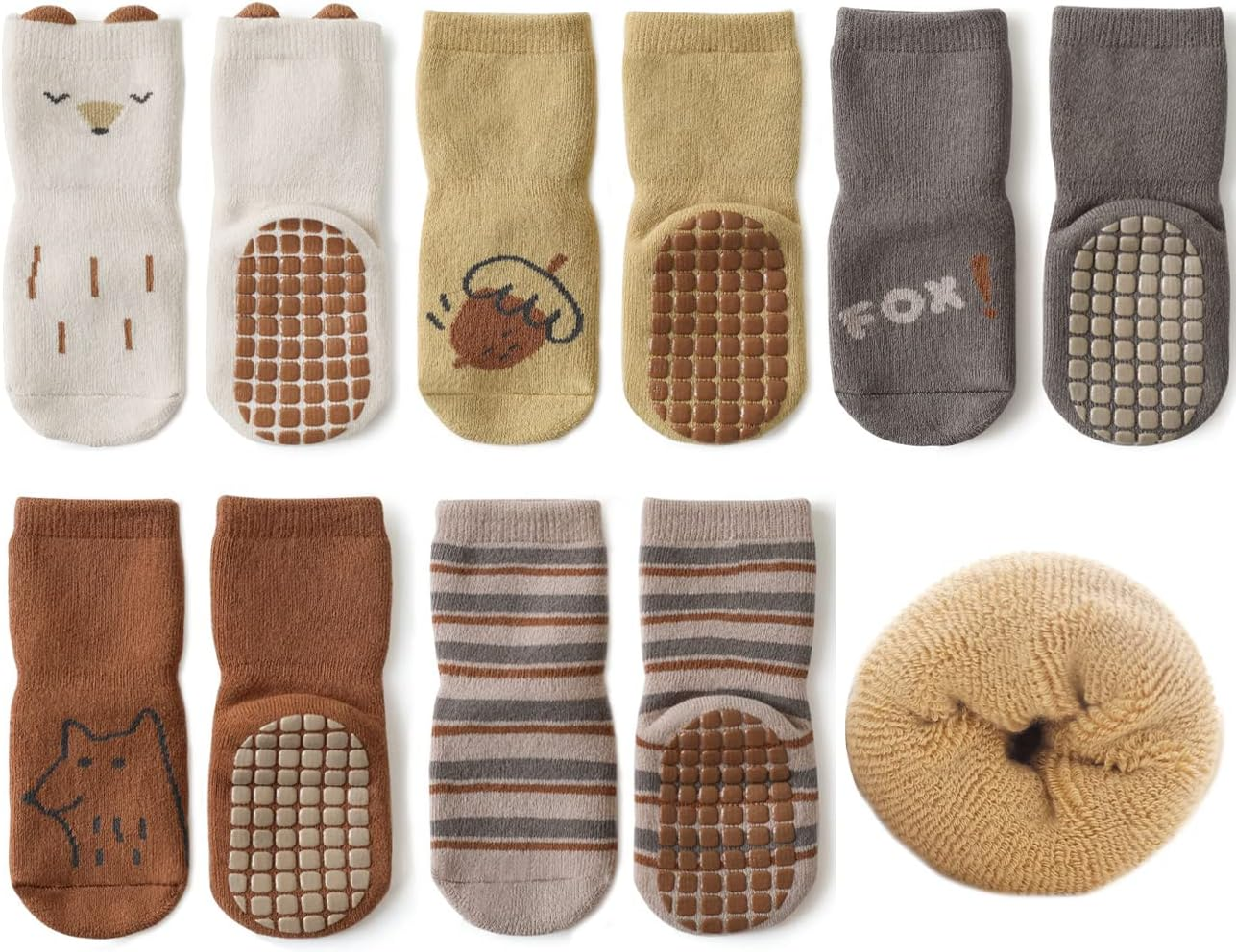 Exegawe Baby Non Slip Socks Winter - 5 Pairs Toddler Kids Thick Warm Crew Socks with Grips for Girls Boys Non Skid Socks