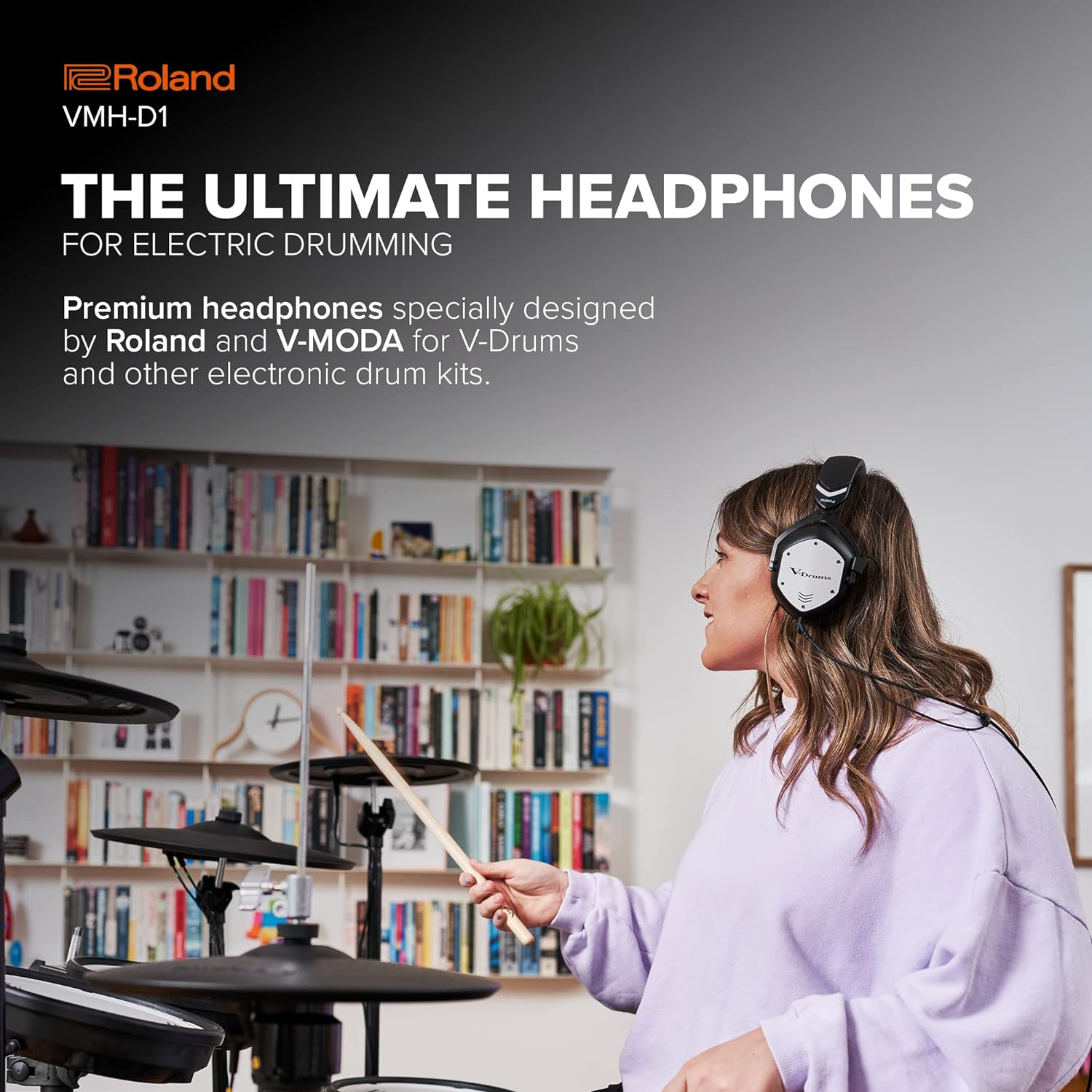 Roland VMH-D1 V-Drums Headphones | Designed by Roland & V-Moda for V-Drums & All Electronic Drum Kits | Immersive Sound | Extended Comfort | Long Cable for Tangle-Free Drumming | Customizable Shields image number 3