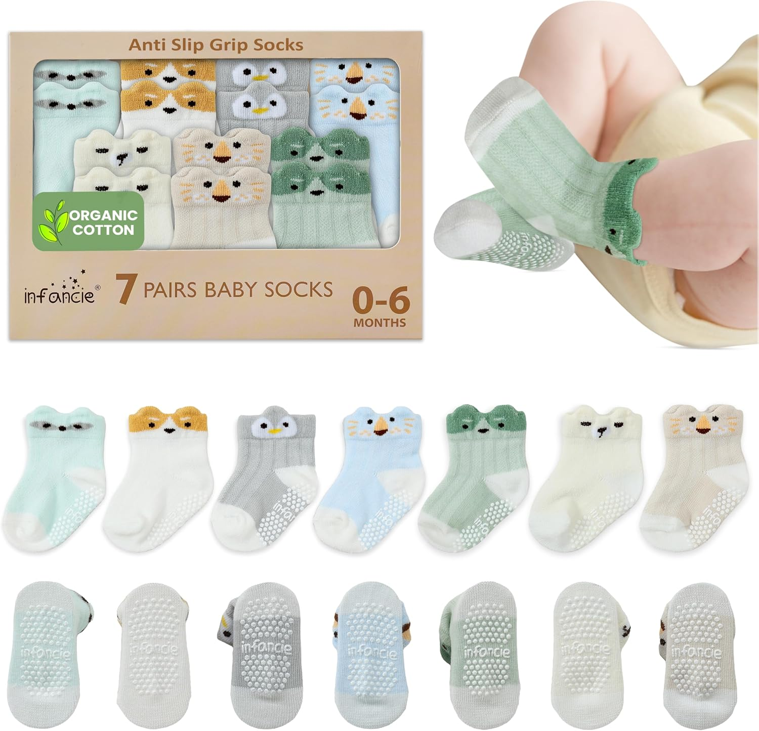 Organic Baby Grip Socks 7-Pack &ndash; Non-Slip Cotton Ankle Socks with Cute Animal Prints for Boys & Girls, Warm Slipper Socks image number 4