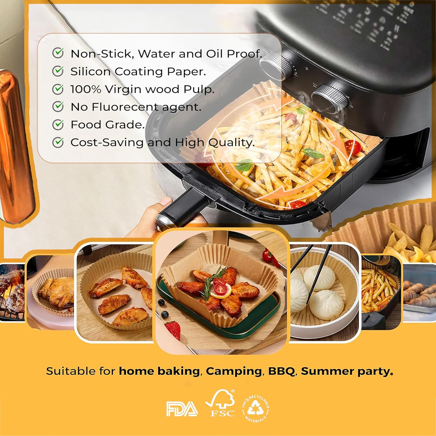 Premium 6.3Inch Square Air Fryer Liners, [200Pcs/Pack] Disposable Air Fryer Paper, Food Grade Baking Tray for 2-5QT Air Fryers - Air Fryer Accessories. image number 5