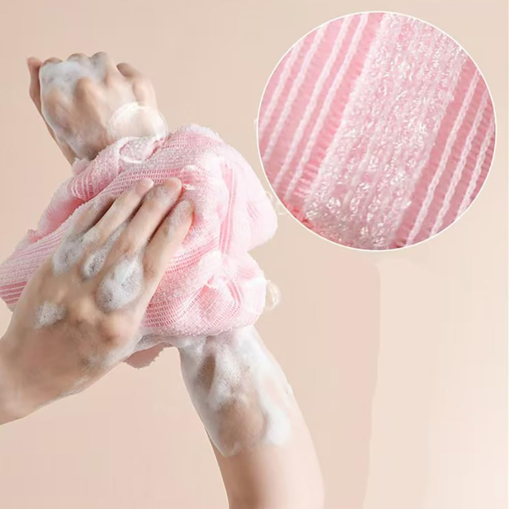 Exfoliating Body Scrubber，2 Pack Back Scrubber for Shower Bath, Japanese Scrub Wash Cloth, Exfoliating Washcloth Towel for Men Women, Body Exfoliator Loofah Luffa Sponge Net Rag Back Washer (Streaks & Pink)