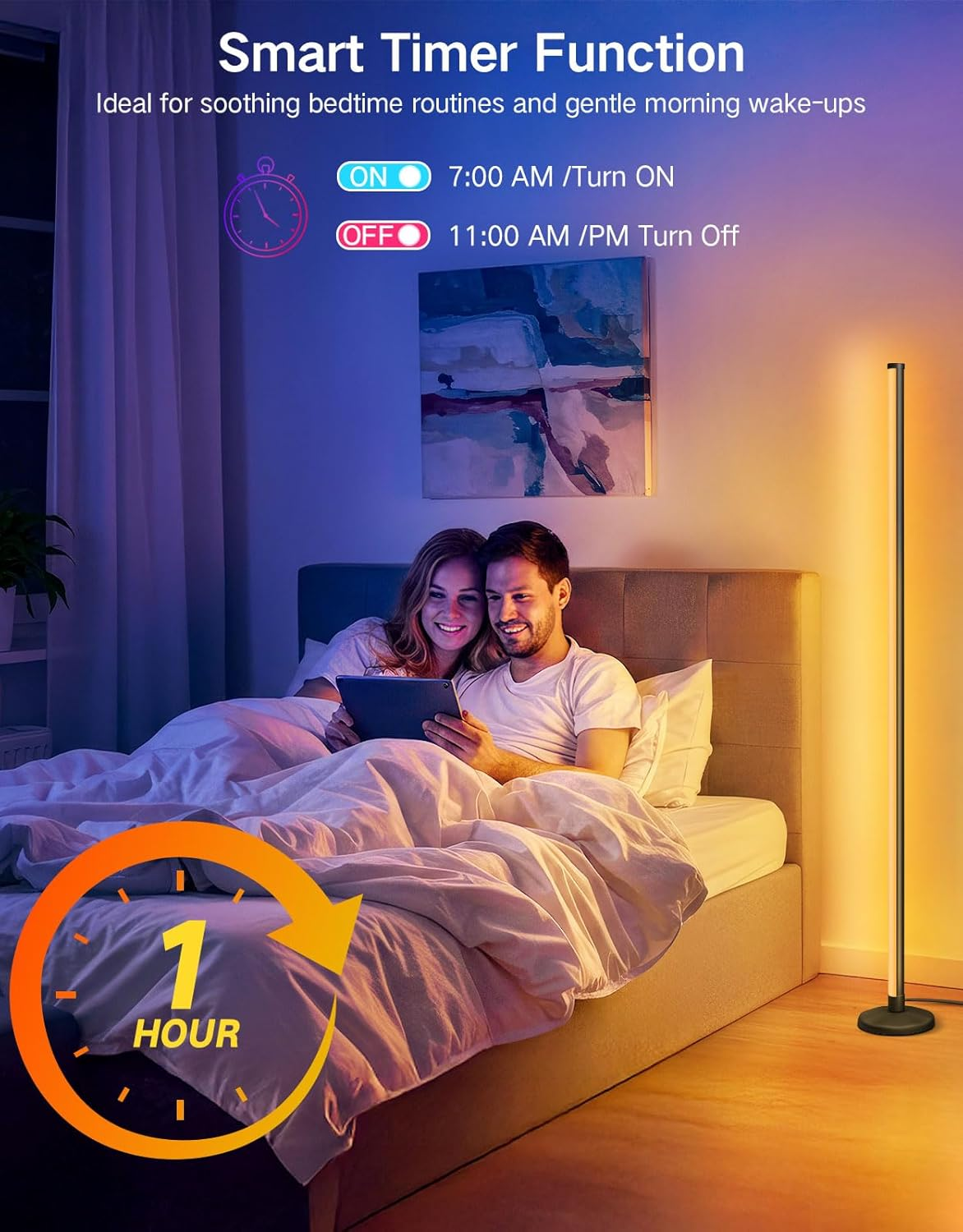 OUTON LED Smart RGBCW Corner Floor Lamp with APP and Remote Control, Dimmable Floor Lamps with 16 Million Colours, Music-Sync, Timer, Height Adjustable for Living Room Bedroom Gaming Room, 1Pack image number 4