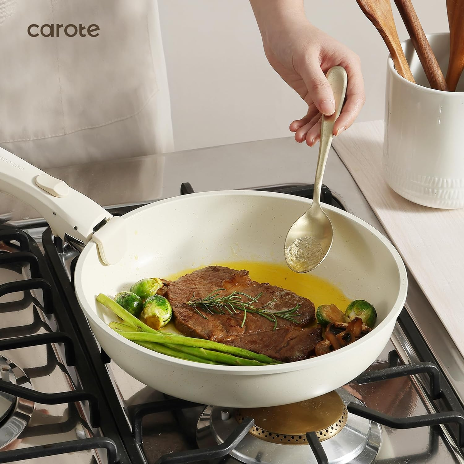 CAROTE 11Pcs Pots and Pans Set Non Stick, Cookware Sets Detachable Handle, RV Kitchen Set Removable Handle, Oven Safe, Induction Ready, Stackable Non-Stick Set, Cream White image number 4