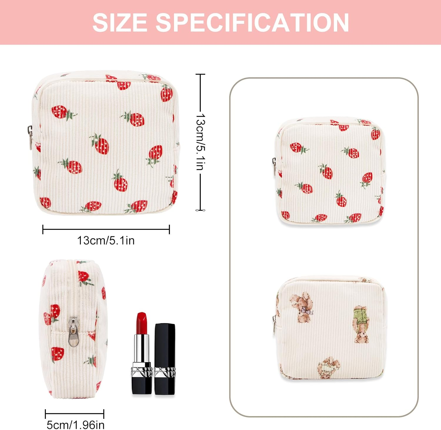 Long Keeper Cosmetic Bag, Small Mini Make-Up Bag, Women'S Corduroy Make-Up Bag, Toiletry Bag, Travel Essentials with Compartments, Travel Makeup, Strawberry, Portable Cosmetic Bag image number 1