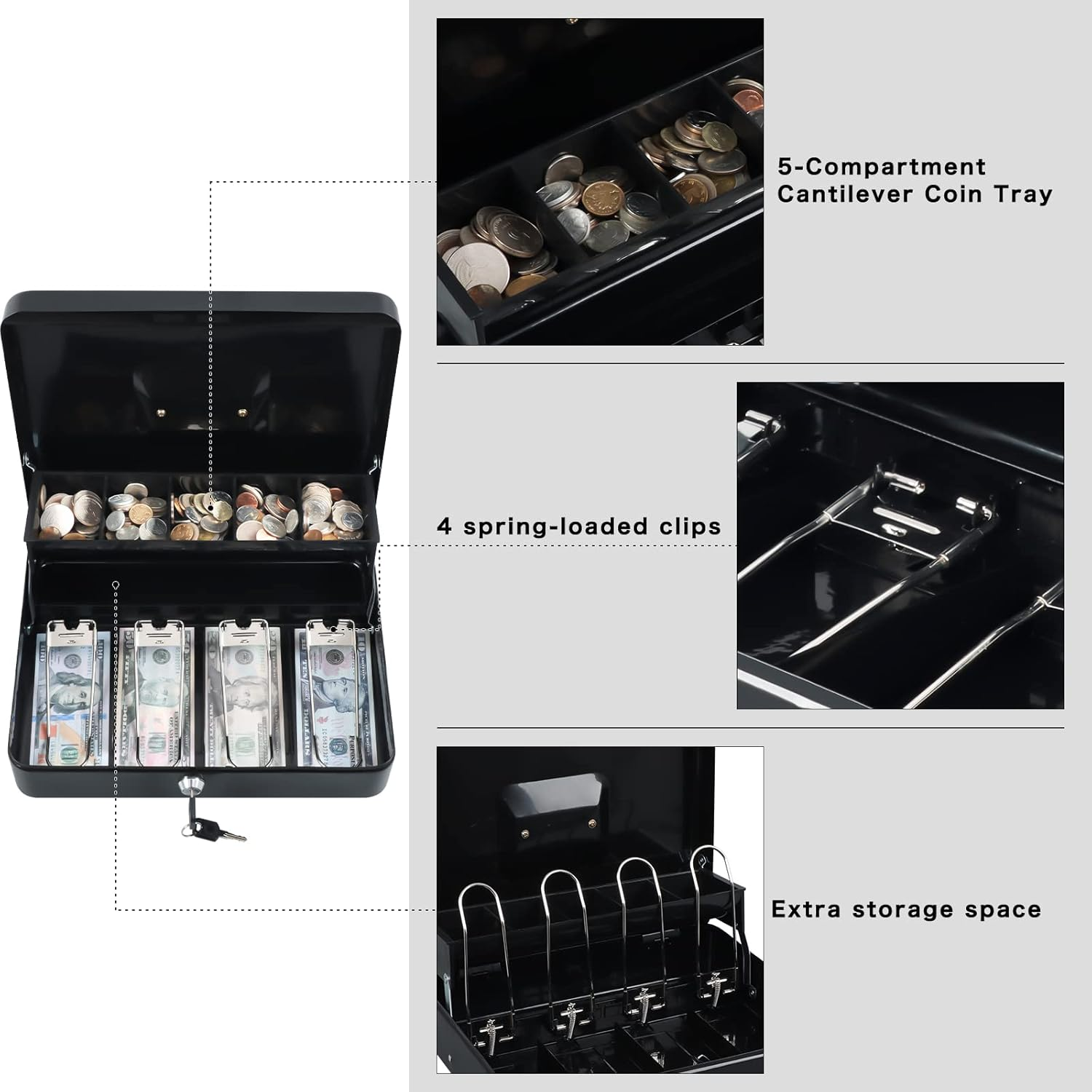Xydled Cash Box with Money Tray and Key Lock,Tiered, Cantilever Design,4 Bill / 5 Coin Slots,11.8" X 9.5" X 3.5",Black - Black Key Lock image number 5