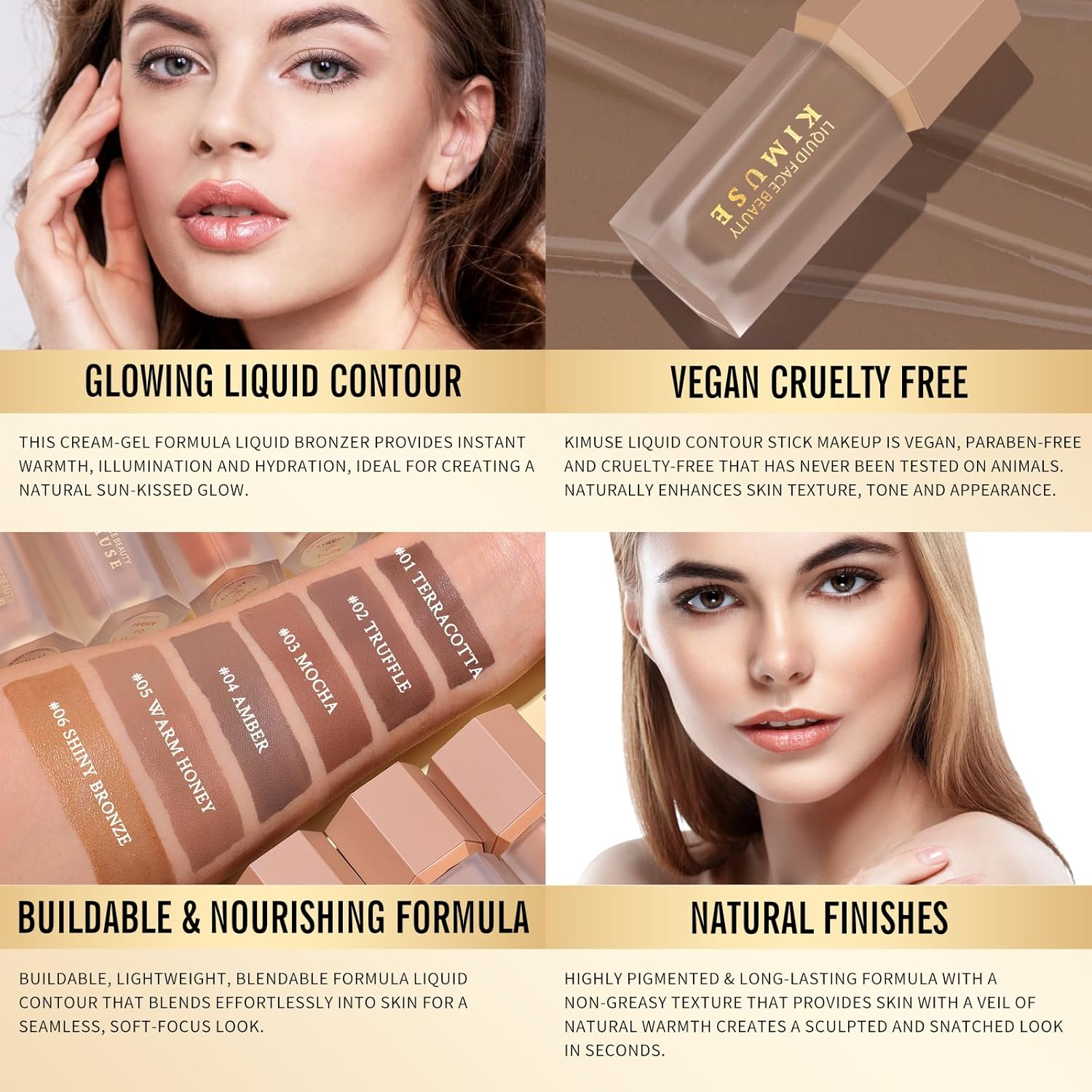 KIMUSE Soft Liquid Contour Stick, Glow Liquid Cream Bronzer, Weightless, Long Wearing, Smudge Proof, Natural Looking, Blendable, Bronzer Makeup - Shiny Bronze image number 2