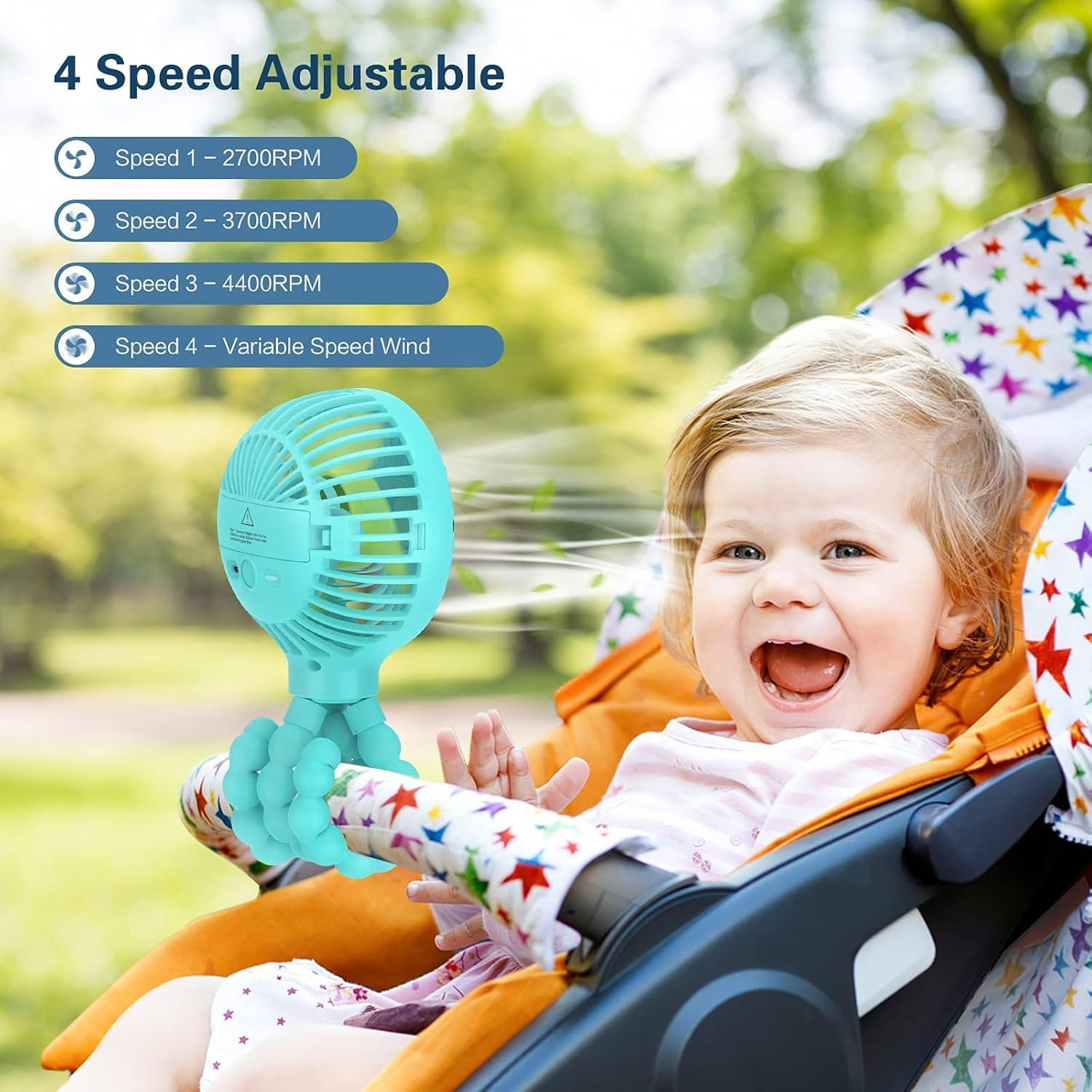 Portable Pram Fan, Baby Stroller Fan, [USB or 4000Mah Battery Powered] Handheld Fan for Kids, Mini Fan with Flexible Tripod, 3 Speed Pram Fans Clip on Desk Bike Campling Traveling (Blue) image number 1