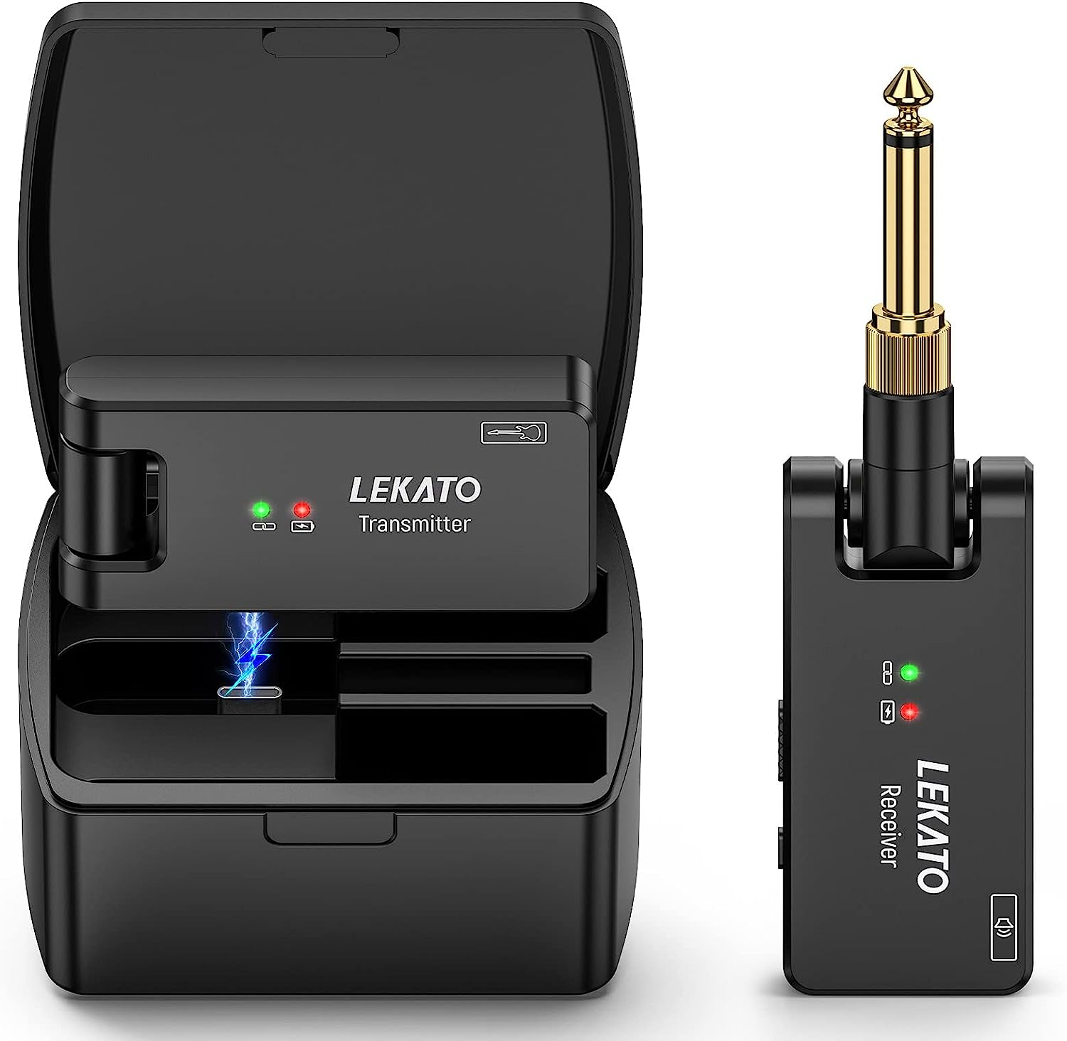 LEKATO Wireless Guitar System with Charging Case, Rechargeable 2.4Ghz Wireless Transmitter Receiver Guitar Wireless System 4 Channels with Dual Plugs 3.5Mm/6.35Mm,(Ws-100) image number 3