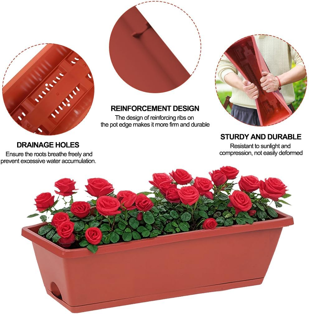 Springup Window Boxes Planters 6PCS Red Plastic Vegetable Flower Plots Boxes 43X13.5CM Large Rectangular Herb Planters with Tray Saucers for Indoor Outdoor Garden Patio Home Decor image number 4