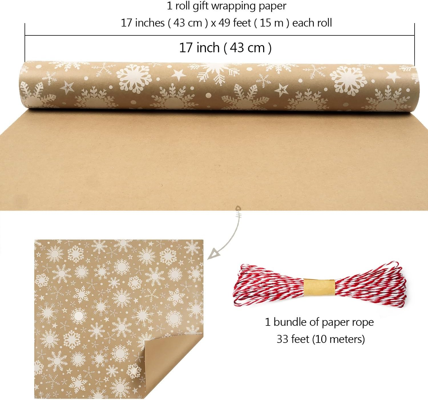 MAMUNU Christmas Wrapping Paper Roll - Vintage Brown Kraft Gift Paper with Snowflake Design - Gift Wrap for Christmas Holiday Birthday Party - Great for Girls Boys Women Men - 17Inch X 49Feet image number 3