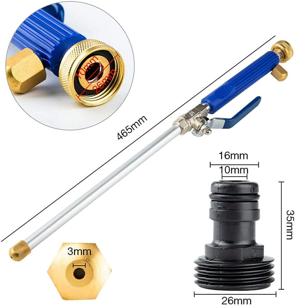 High Pressure Power Washer Wand, Hydro Jet Water Hose Nozzle,Watering Sprayer Cleaning Tool, Wand Lance for Gutter Patio Car Pet Window Glass Blue - Blue image number 5