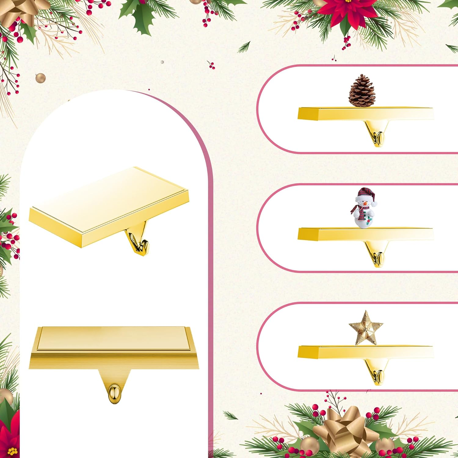 Set of 6 Christmas Stocking Holders for Mantle Christmas Stocking Hanging Hooks Weighted Stocking Holder Bases for Holiday Xmas Fireplace Window Home Table Decor (Gold) image number 2