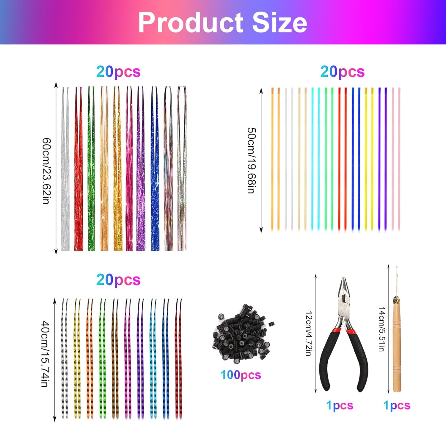 60 Piece Colourful Hair Extensions Set, Art Hair Extensions, Colourful Hair Strands, Children'S Glitter Hair Strands, Hairpiece, Pliers, Hook with 100 Beads, Ponytail Braids, Clip