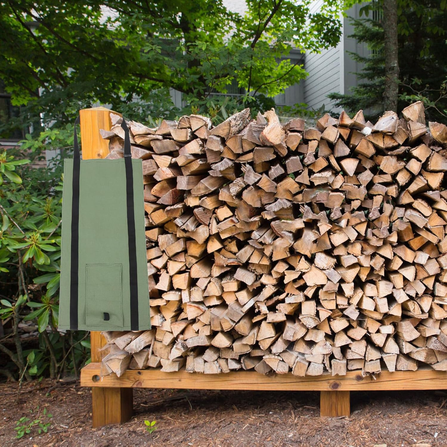 Jojofuny Heavy Duty Firewood Tote Carrier Canvas Log Bag Handles Outdoor Firewood Storage Bag Military Green for Camping and Fireplace image number 1