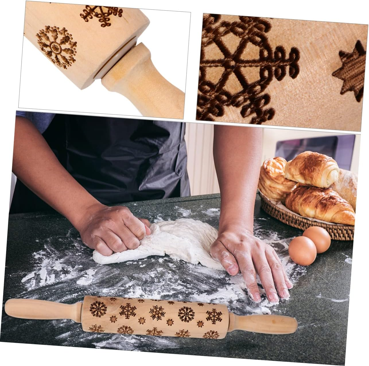 Wooden Snowflake Embossed Rolling Pin Christmas Pastry Roller Non-Slip Handle Baking Rolling Pins for Christmas Baking image number 6
