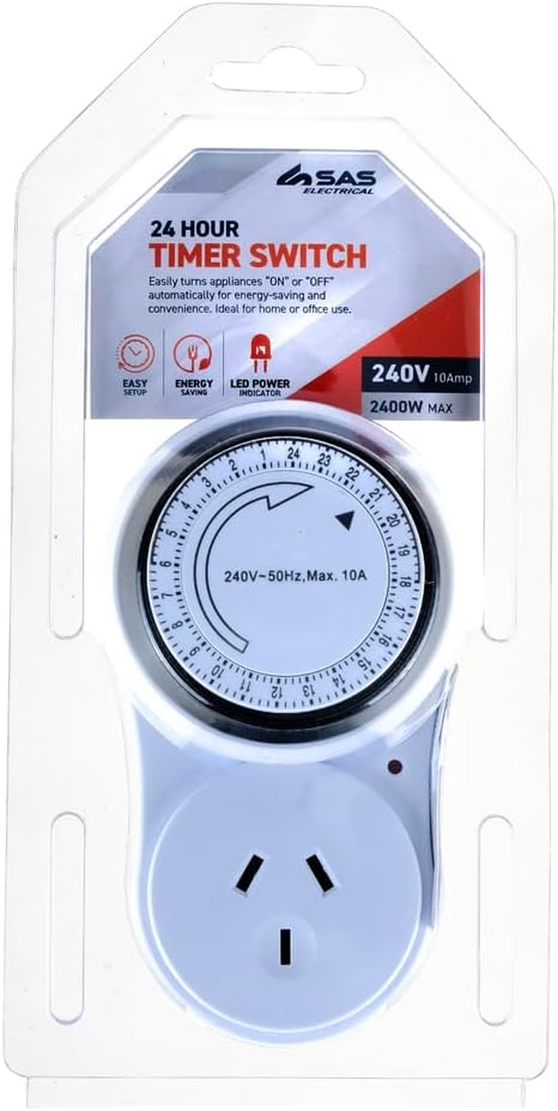 SAS Electrical 240V 10A 24-Hour Timer, White, 120 X 70 Mm image number 2