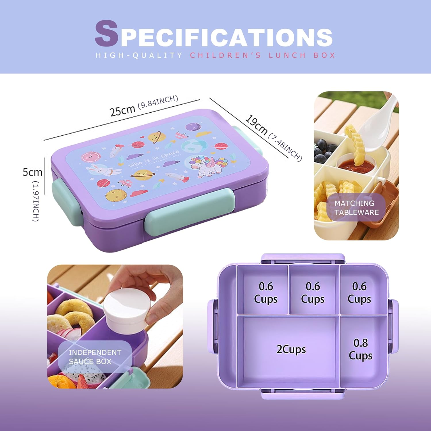 STRONGBERRY Kids Lunch Box, Healthy and Microwave - Safe, Dinosaur Parade, Purple Unicorn, Brown Bear Designs (Purple Unicorn) image number 1