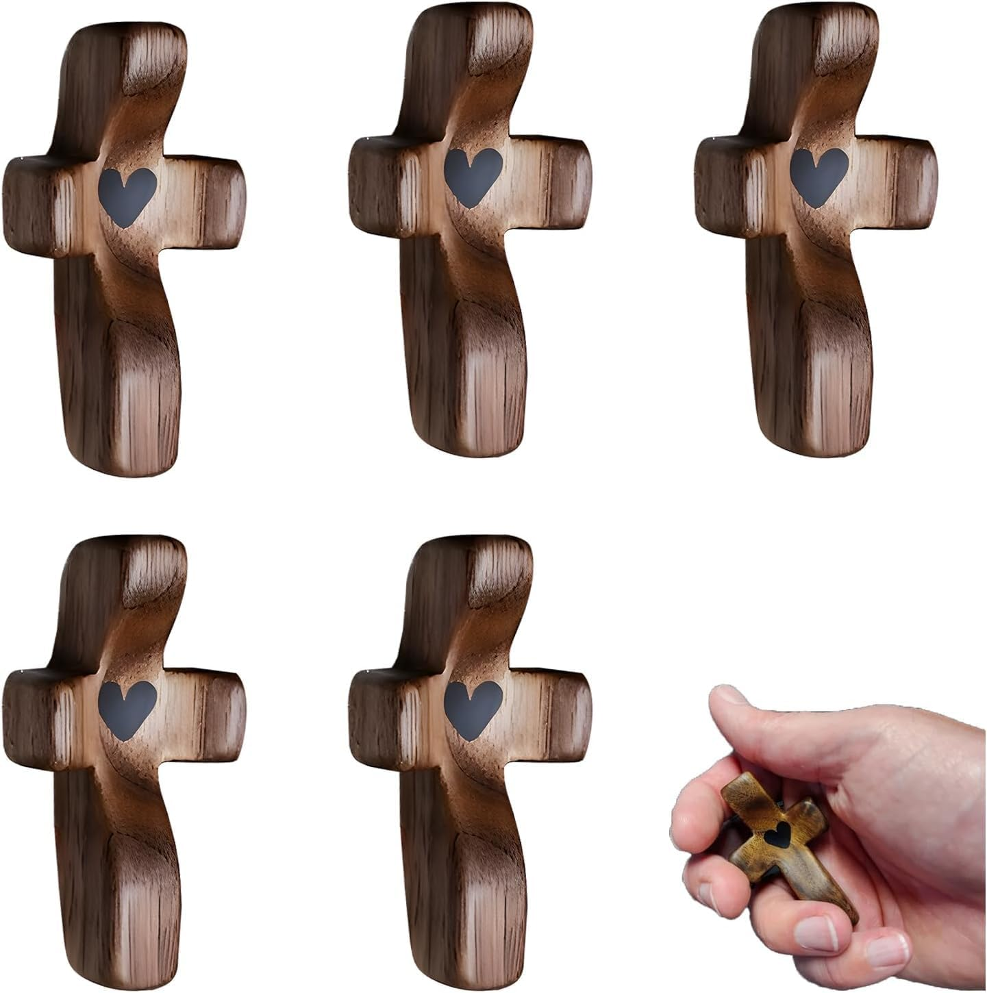 Olive Wood Mini Cross, Cross My Heart, Encouragement Gift, Fingertip Stress Relief Gifts, Relieve Anxiety Comfort for Praying, Children and Adults Pocket Olive Wood Cross Religious Present(5Pcs)