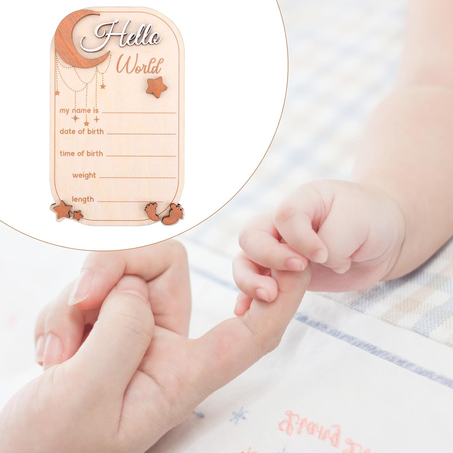Baby Announcement Sign, Moon Star Birth Announcement Board Wooden Hello World Newborn Sign Decor Welcome Baby Sign Plaques for Photo Props Baby Shower Nursery Hospital image number 3