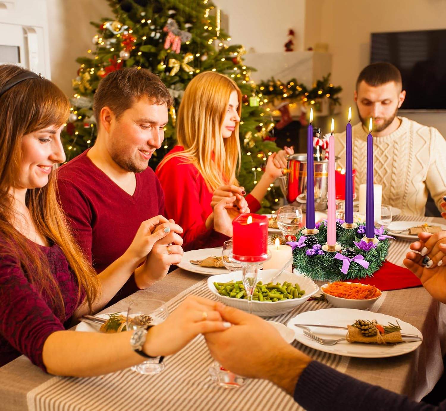 Christmas Product | 4 Pack Advent Candle Set, 3 Purple and 1 Pink Taper Candles, 10 Inch Smokless and Dripless Candlesticks Bulk for Advent Christmas Seasonal Celebration image number 2