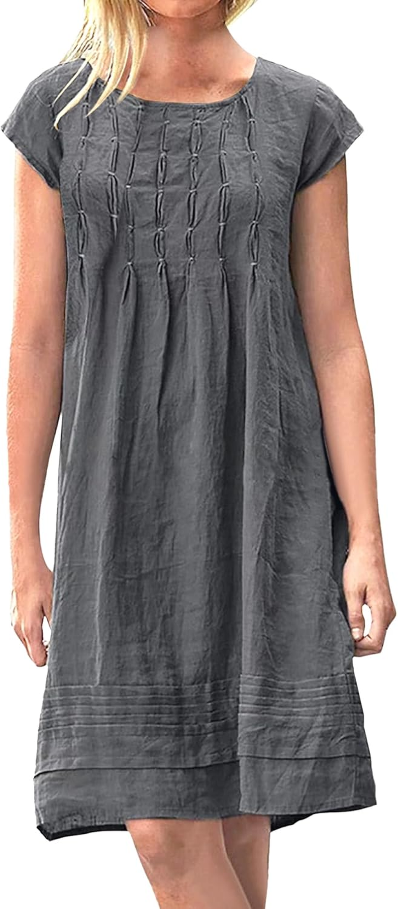 Women'S Cotton Linen Pleated Midi Dresses Casual round Neck Shift Dress Short Sleeve Beach Vacation Sundress image number 1