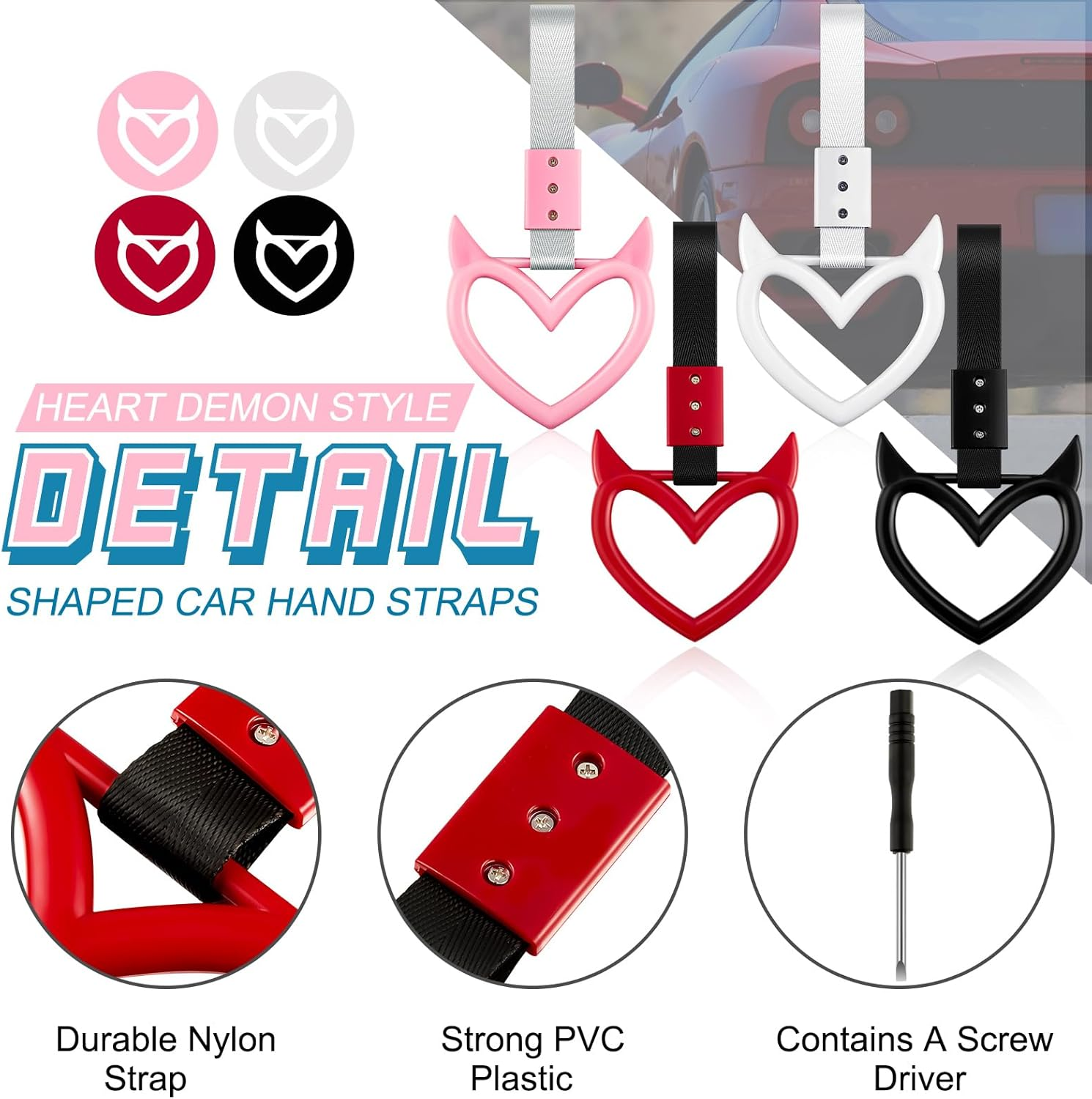 Fabbay 4 Pieces Heart Shaped Car Handle Straps Hang Ring Rear Bumper Warning Ring Decorative Subway Train Bus Handle Hand Strap Drift for Car Interior(Black, White, Red, Pink, Devil) image number 6