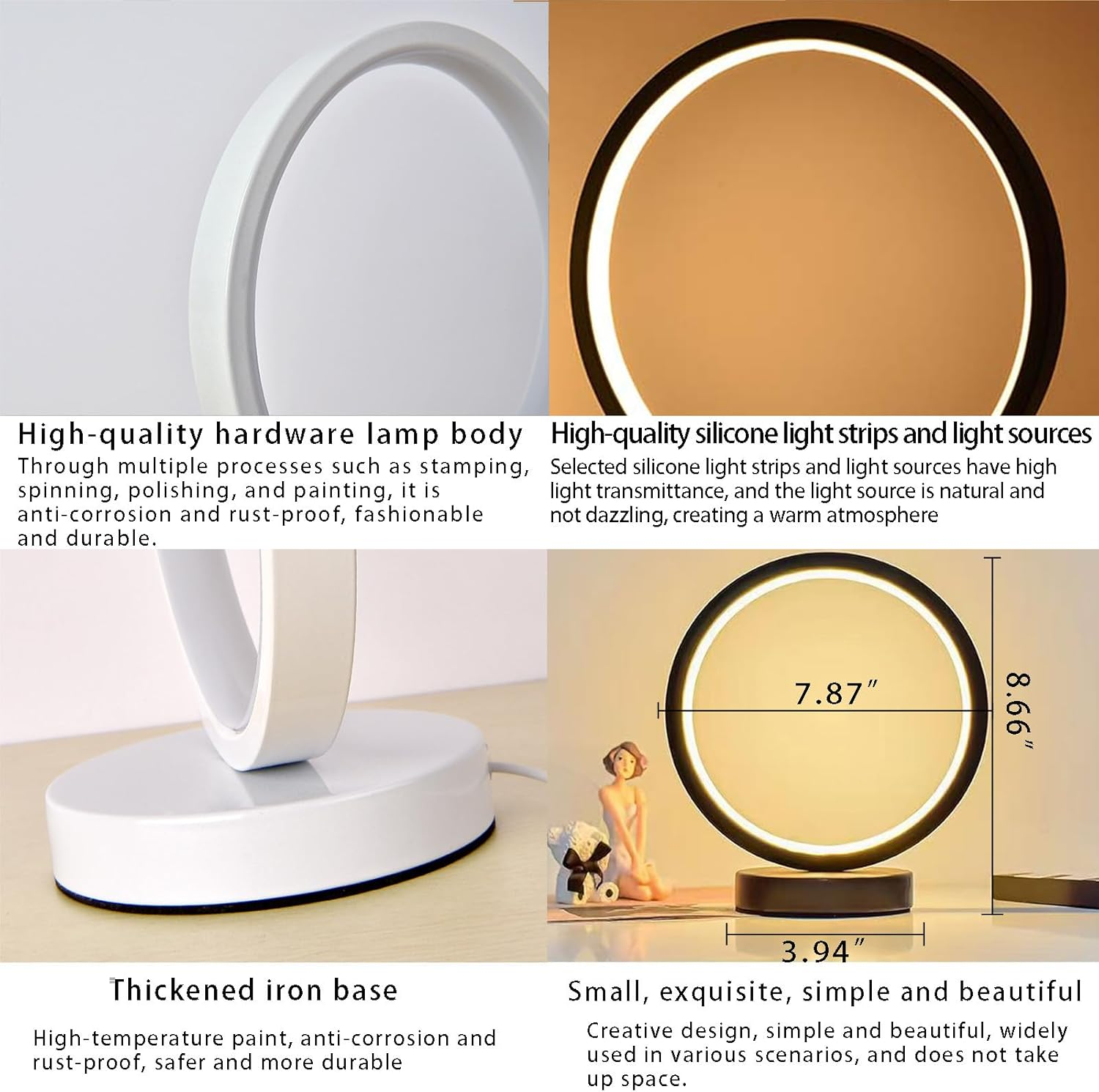 Small Modern Bedside Table Lamp, LED round Bedside Night Light, 3 Color Temperatures and 10 Brightness Levels, 7.87'' Desk Lamp for Bedroom, Living Room, Reading Lamp, Home Decoration, White - Black image number 6
