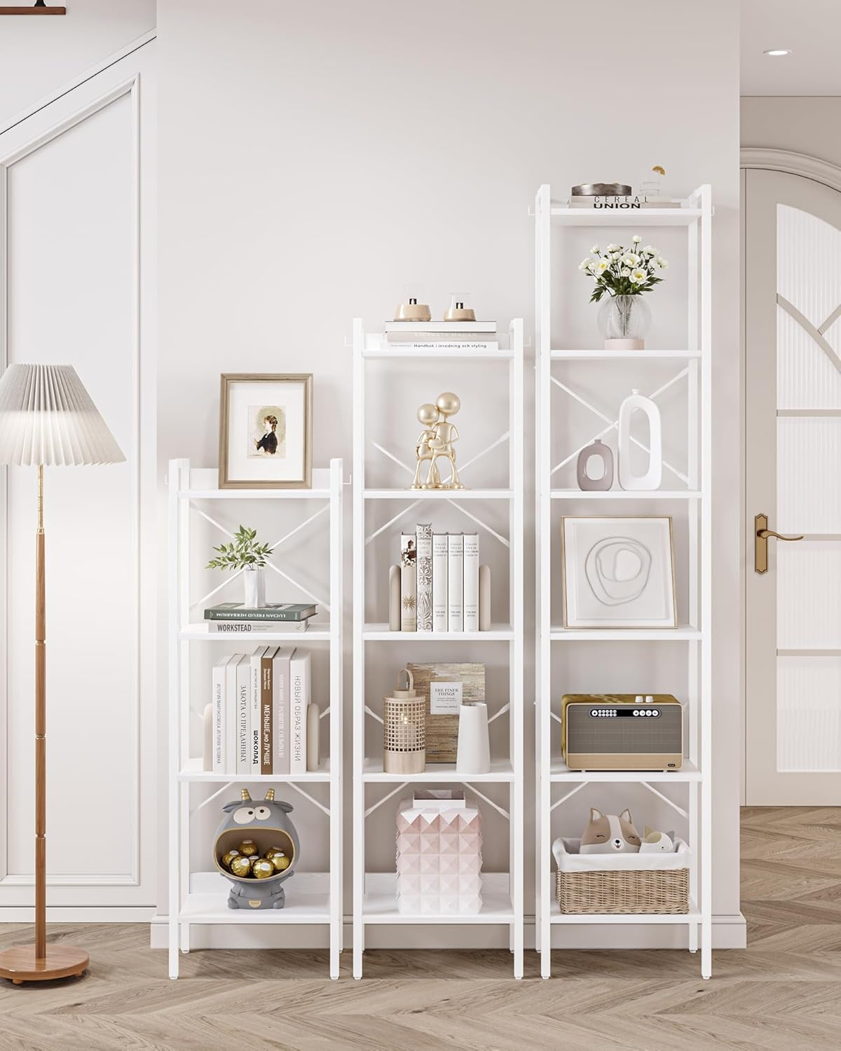 Hzuaneri Bookshelf, Book Shelf, Industrial Bookcase with 2 Hooks, Coner Shelf Storage Organizer for Home Office, Living Room, Bedroom, Kitchen, 6-Tier White BC10713W image number 2