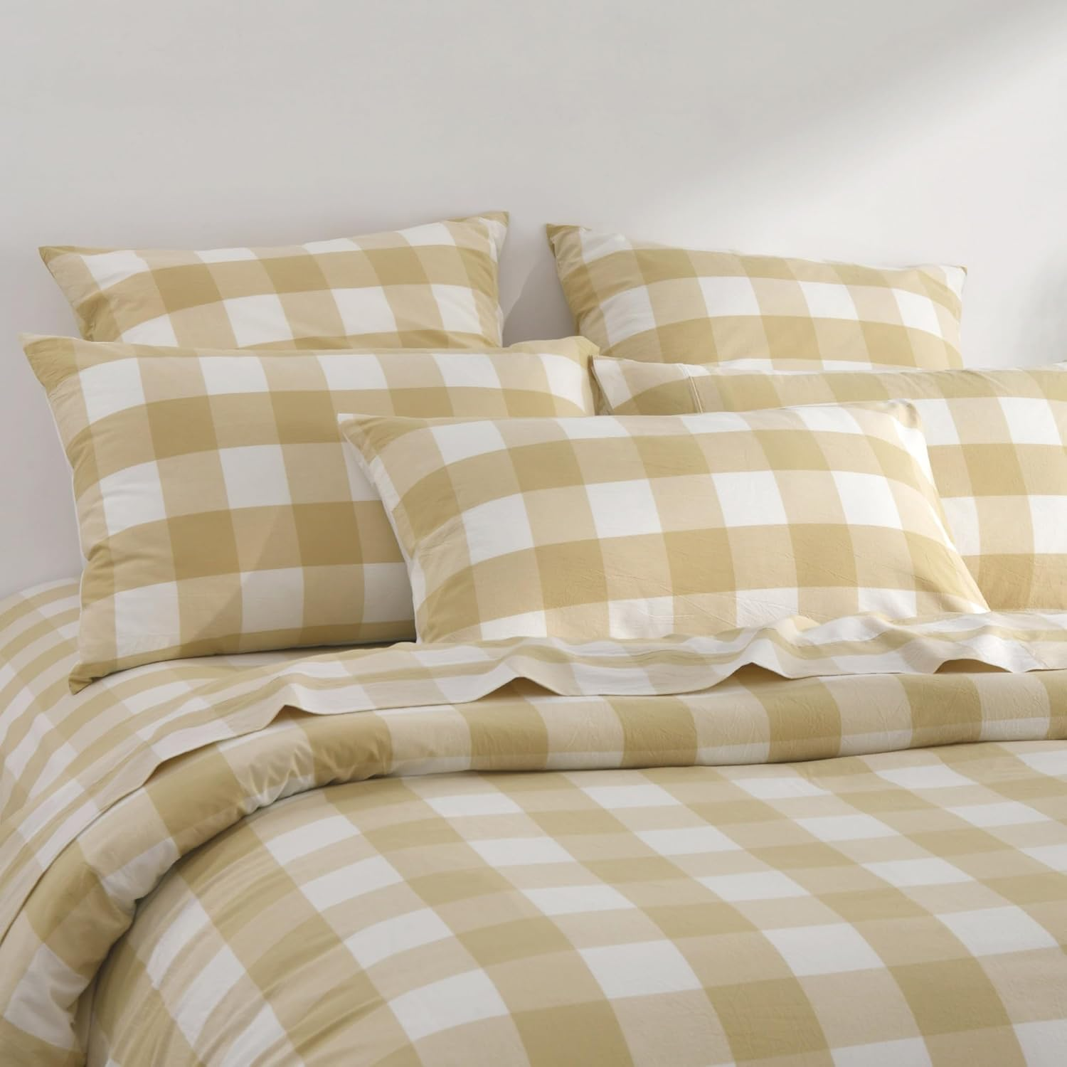 Dreamaker Single Sheet Set Remy Pre-Washed Cotton Yarn Dyed Check Bed Sheets All Seasons Long-Lasting Colour Breathable Ultra Soft Bedding Flat, Fitted Sheet Set Oeko-Tex Certified - Sand image number 4