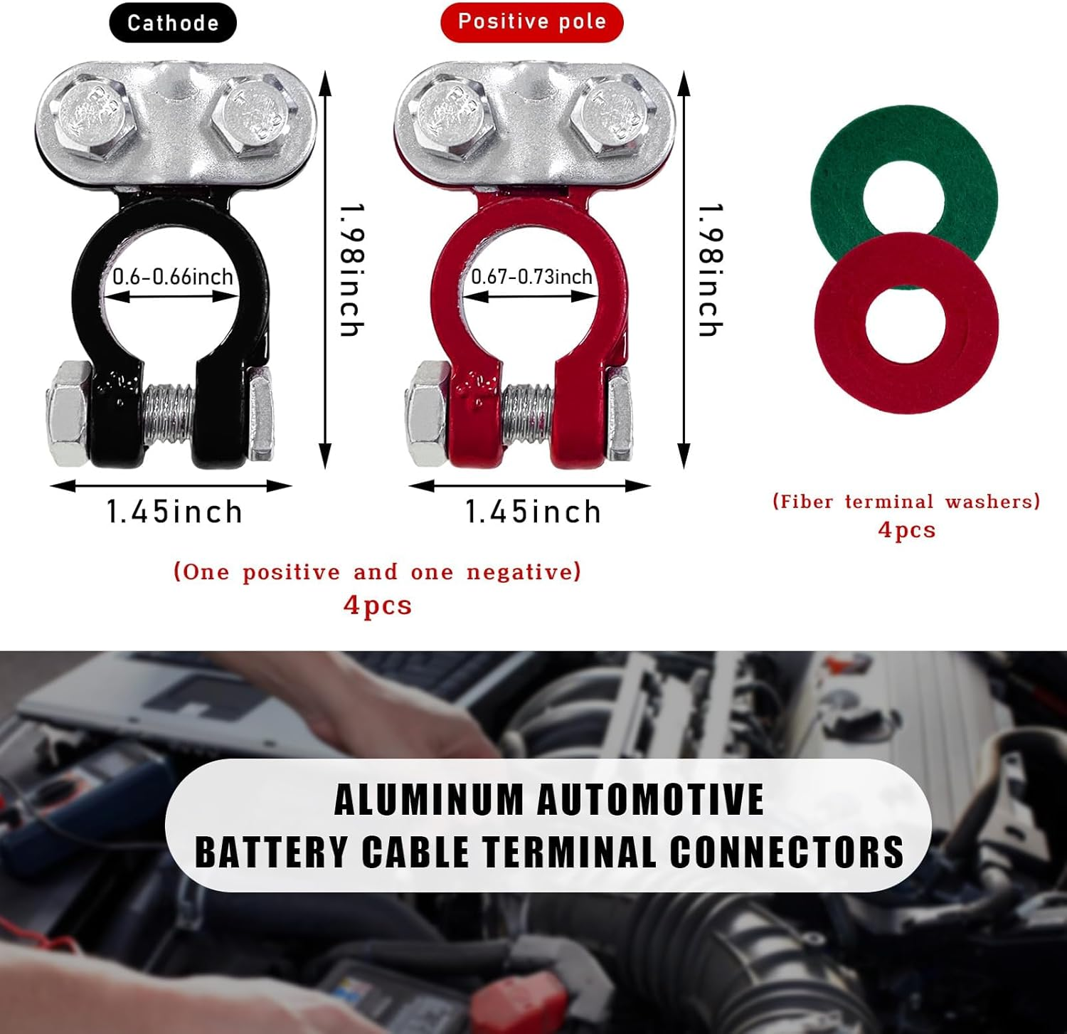 Dickno 4 PCS Battery Terminals Connector, anti Corrosion Top Post Battery Terminal Clamp with Felt Fiber Washer, Adjustable Positive Negative Battery Cable End for Car, Boat, Truck image number 5