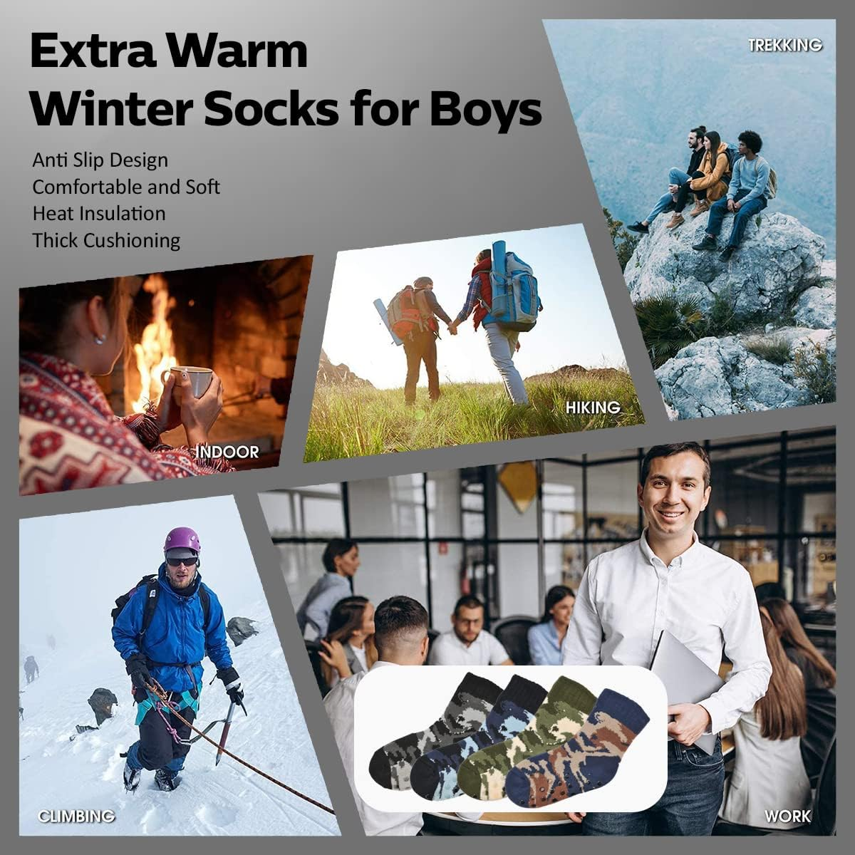 [4 Pairs] Sherpa Sherpa Fleece Winter Socks for Boys, (Age 9-12) Non Slip Grip, Extra Warm, Soft, and Comfortable, Easy Wash, Trap Heat and Keep Your Feet Warm, Camo Design and Assorted Colours image number 1
