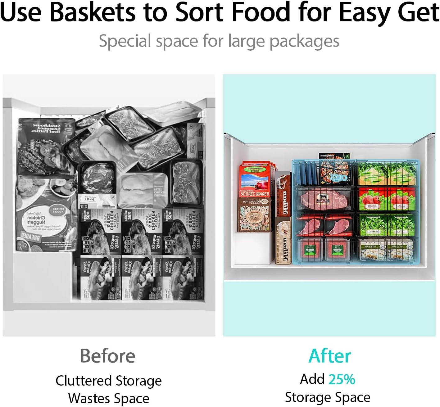 Blissify 4 Pack Chest Freezer Organiser, Freezer Organizer Bins with Foldable Handle, Stackable Metal Deep Freezer Baskets Sort Frozen Meats & Food with Better Space Utilization (37&times;18&times;15Cm) image number 5