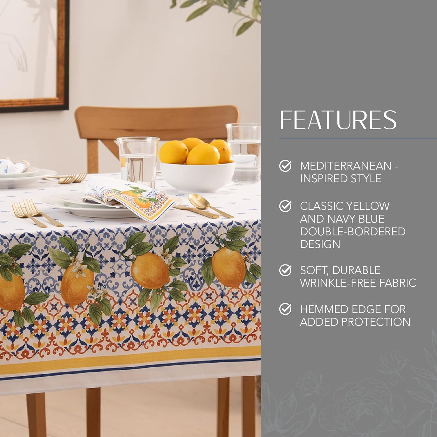Elrene Home Fashions Capri Lemon Double-Bordered Mediterranean Fabric Tablecloth, Rectangle, 60 Inches X 84 Inches image number 5