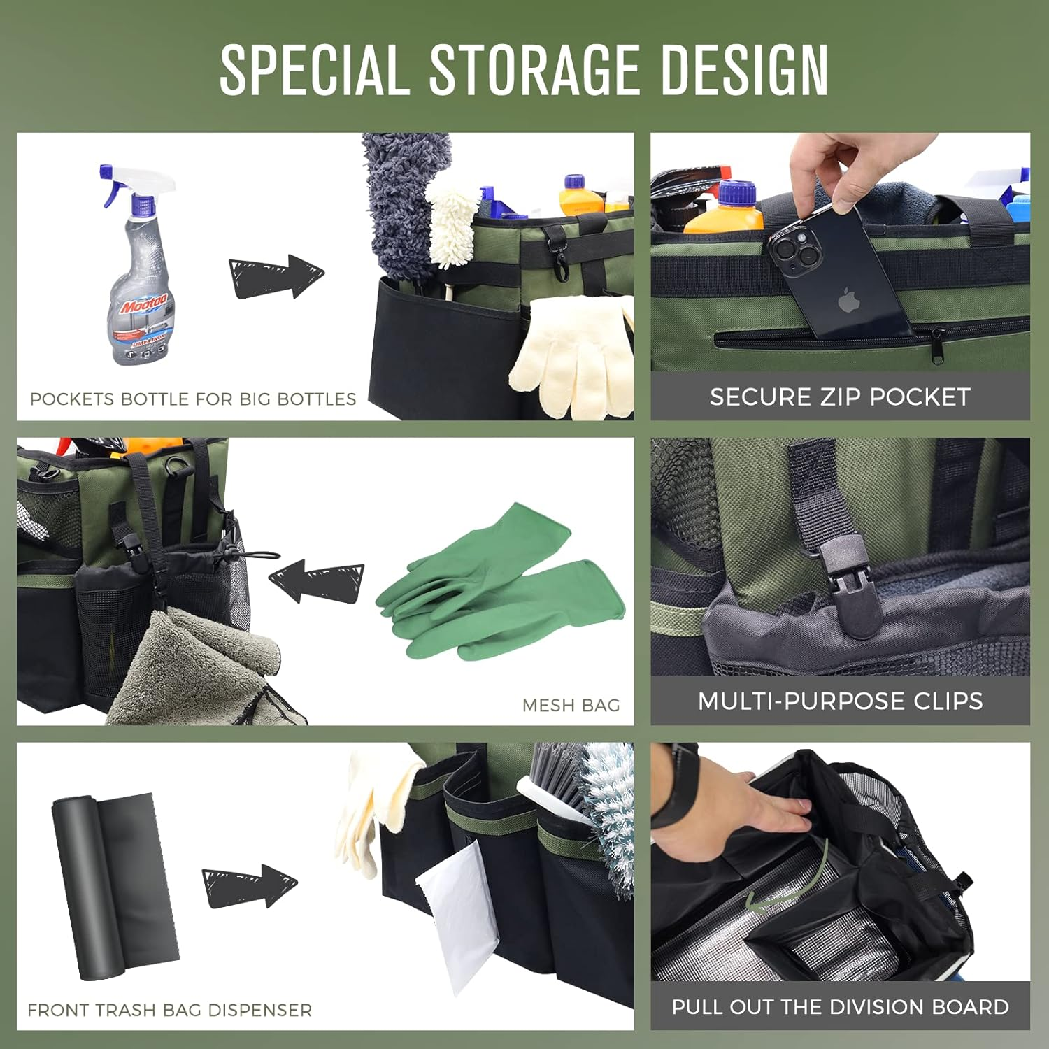 SCAVATA Wearable Cleaning Caddy, Cleaning Caddy Supplies Organizer with Handle & Shoulder Straps for Housekeepers, under Sink & Car Cleaning Tool Organizers Bags with Multiple Compartments, Green image number 6