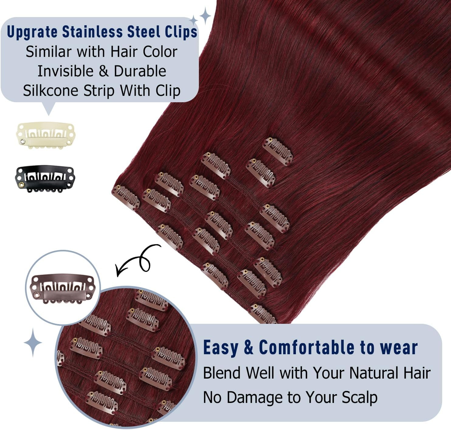 Sunya Clip-In Real Hair Extensions, Burgundy Real Human Hair Extensions, Invisible, 45 Cm, Semaless Clips, 7 Pieces, 80 G/Pack, #99J image number 4