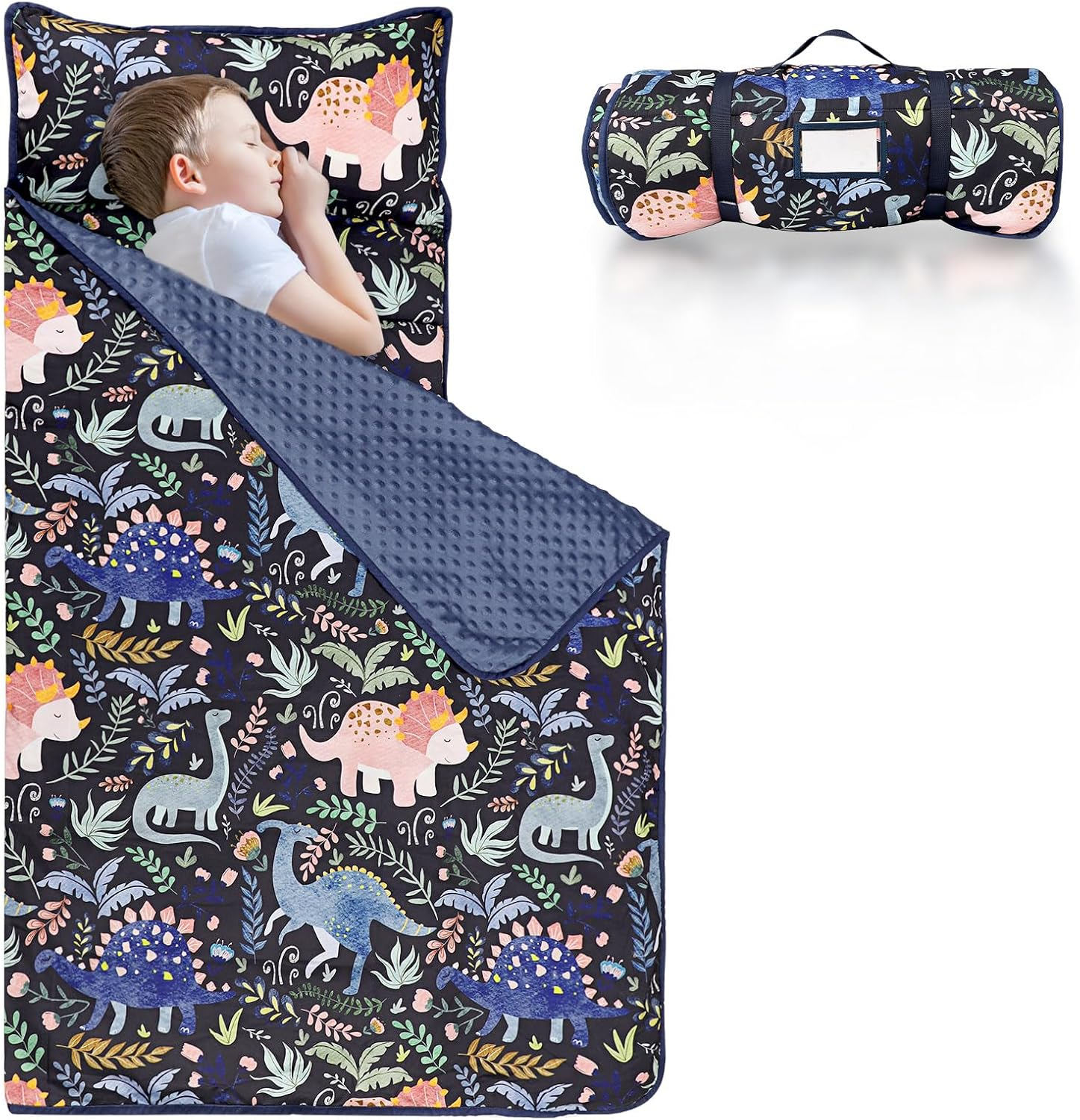 Toddler Nap Mat with Removable Pillow and Soft Dot Minky Blanket