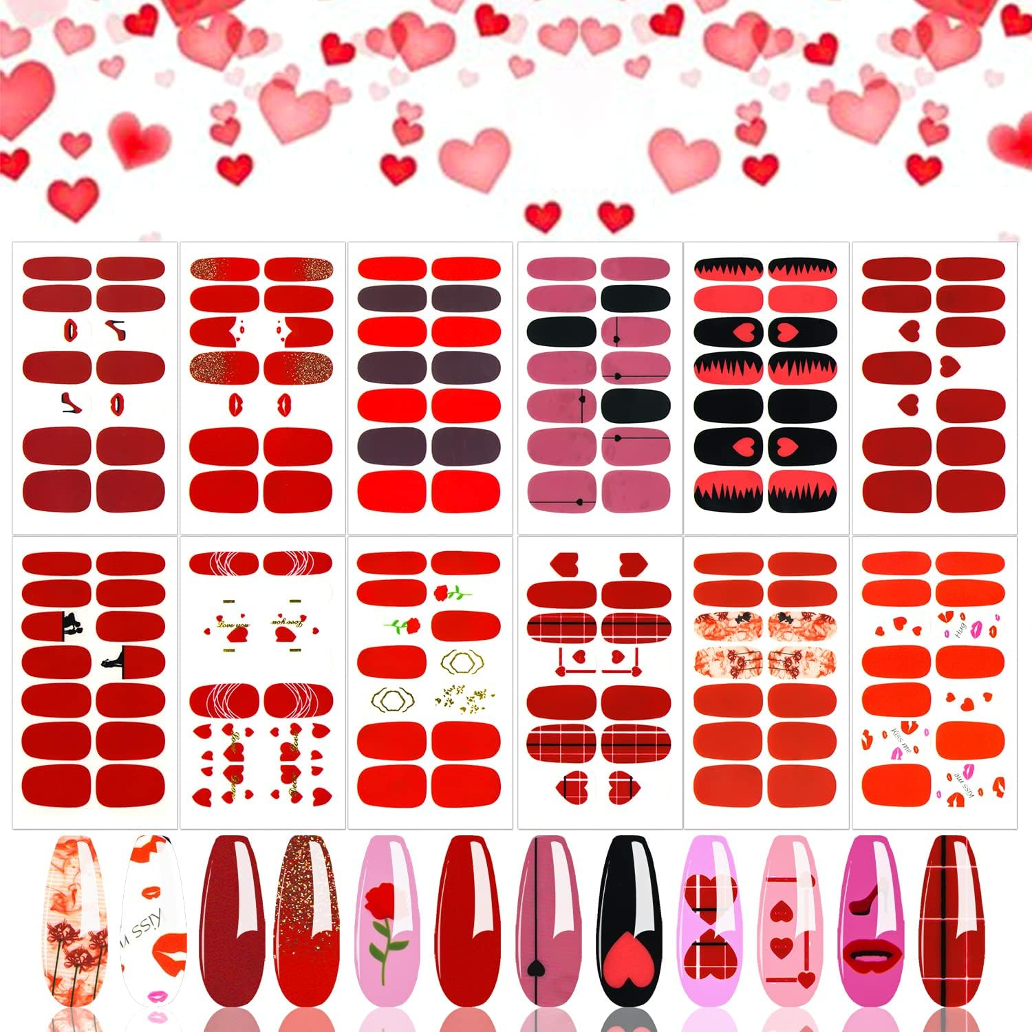 JERCLITY 12 Sheets Red Series Valentine'S Love Heart Nail Stickers Full Nail Wraps Real Nail Polish Strips for Women Nails Art with Nail File Nail Strips Gel Stickers for Nails image number 4