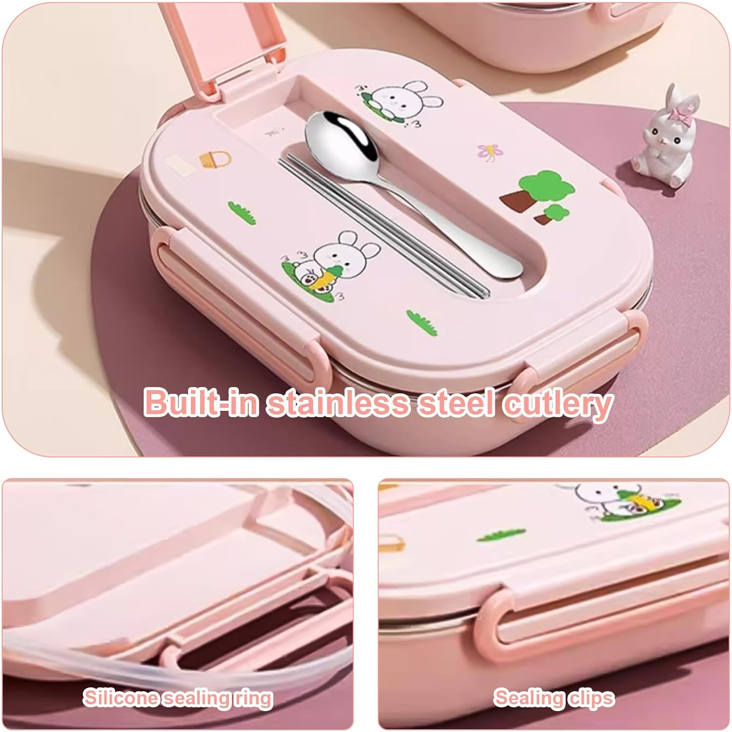 Lunch Box Cute Insulated Lunch Box Set - Thermal Bento Box Stainless Steel Microwave Safe Food Container with Cutlery - 6H Heat Retention (2-Grid-Panda) image number 6